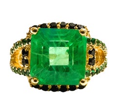 New African 6.20 Ct Emerald Green Garnet Sapphire & Spinel YGold Sterling Ring