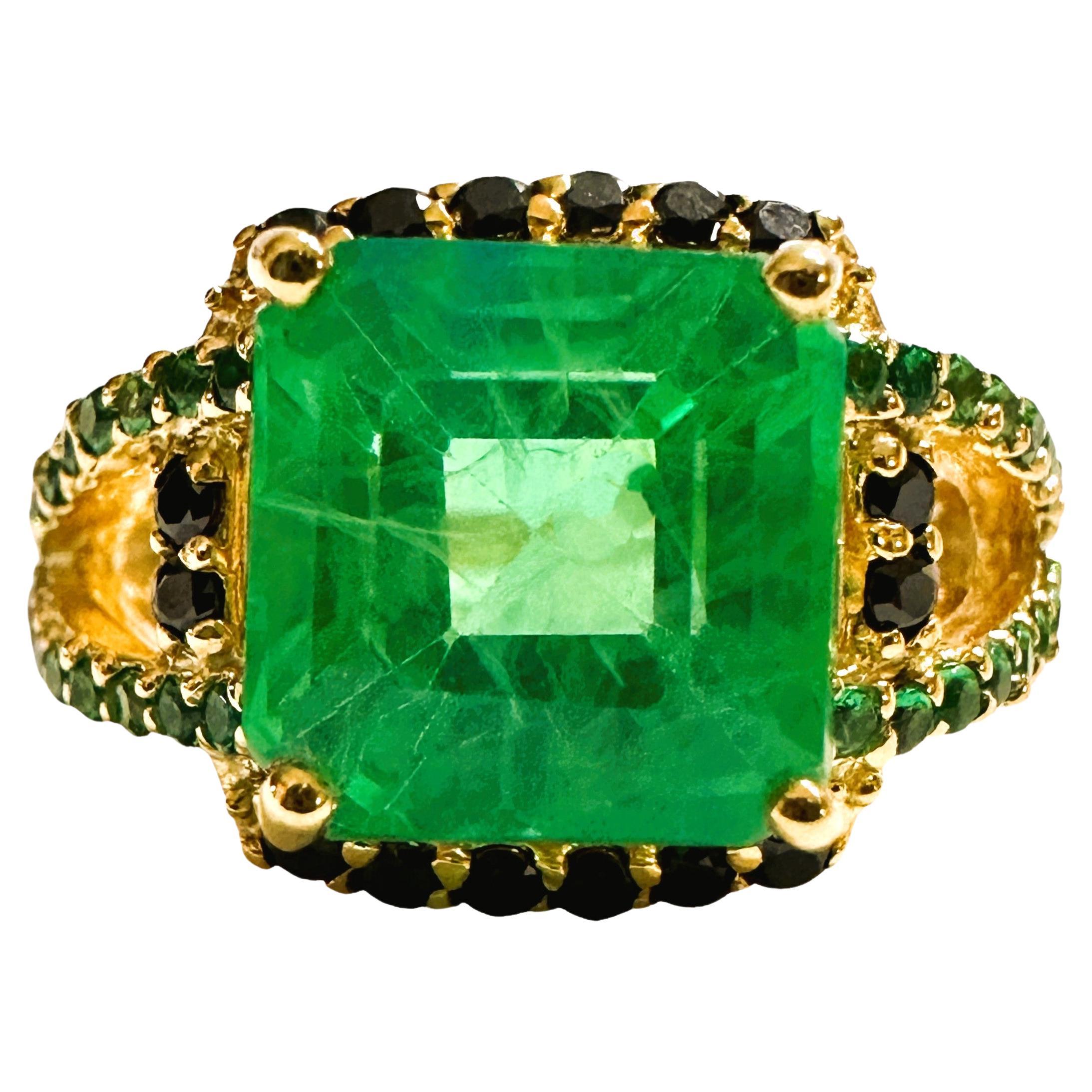 New African 6.20 Ct Emerald Green Garnet Sapphire & Spinel YGold Sterling Ring 