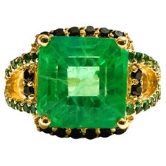 New African 6.20 Ct Emerald Green Garnet Sapphire & Spinel YGold Sterling Ring 