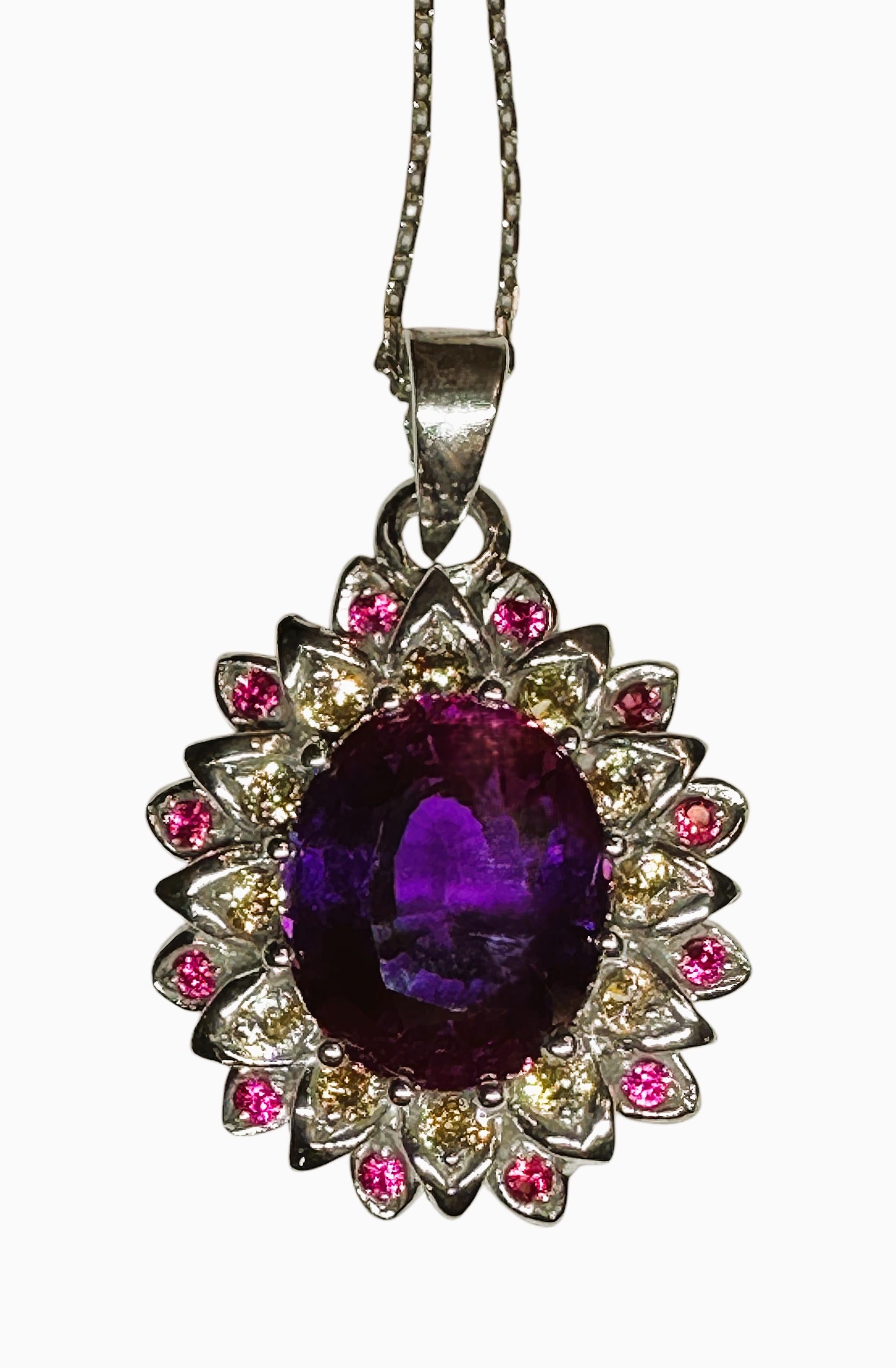New African 6.25 ct Blue/Purple & Champagne & Purple Sapphire Sterling Necklace For Sale 4