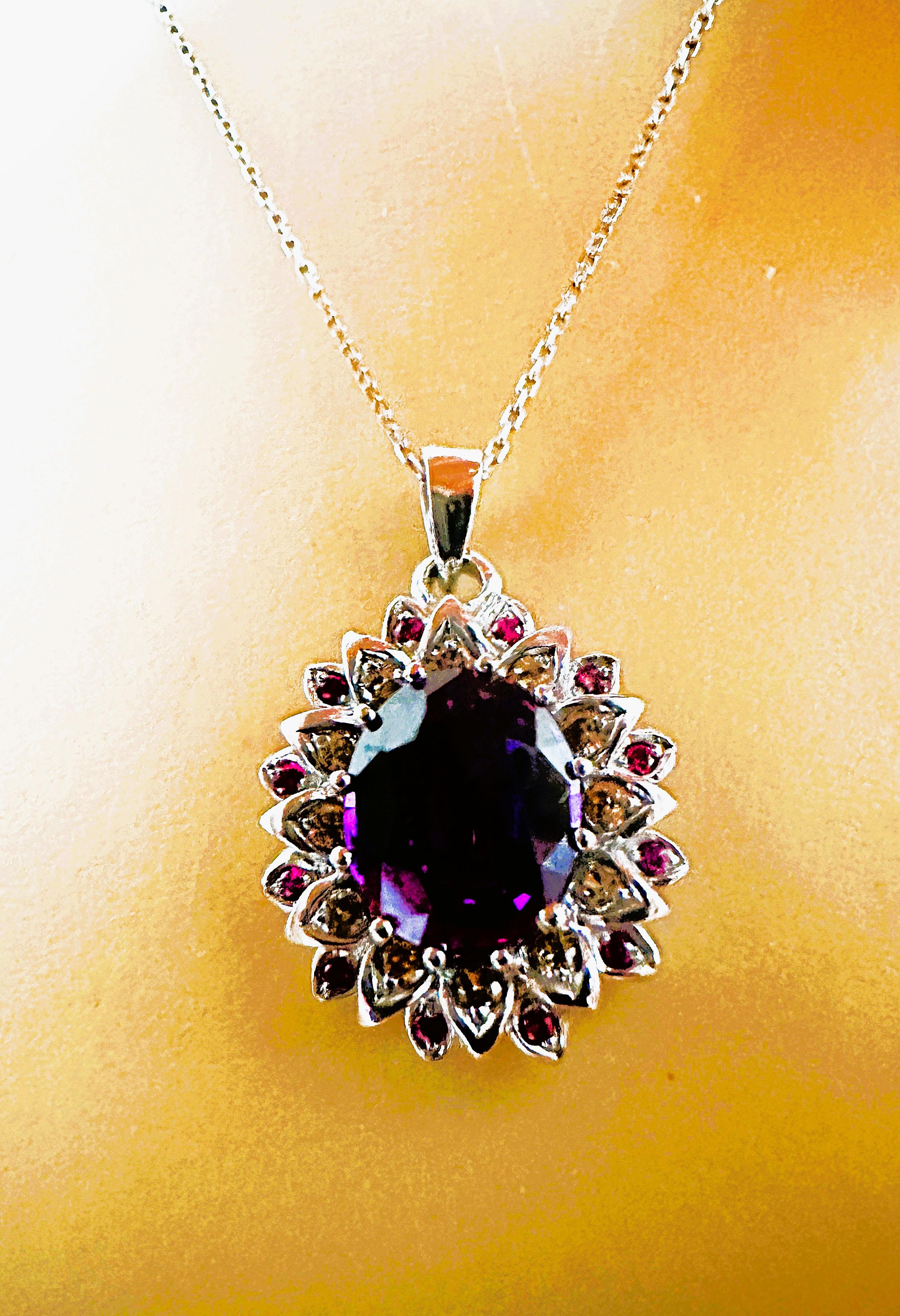 Art Deco New African 6.25 ct Blue/Purple & Champagne & Purple Sapphire Sterling Necklace For Sale