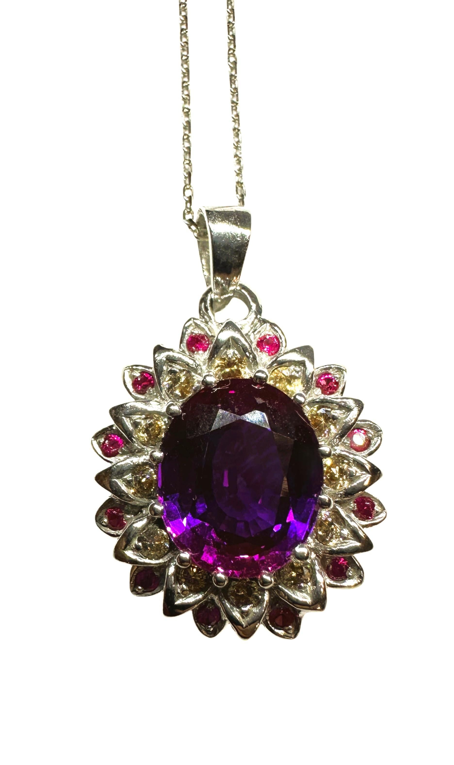 Women's New African 6.25 ct Blue/Purple & Champagne & Purple Sapphire Sterling Necklace For Sale