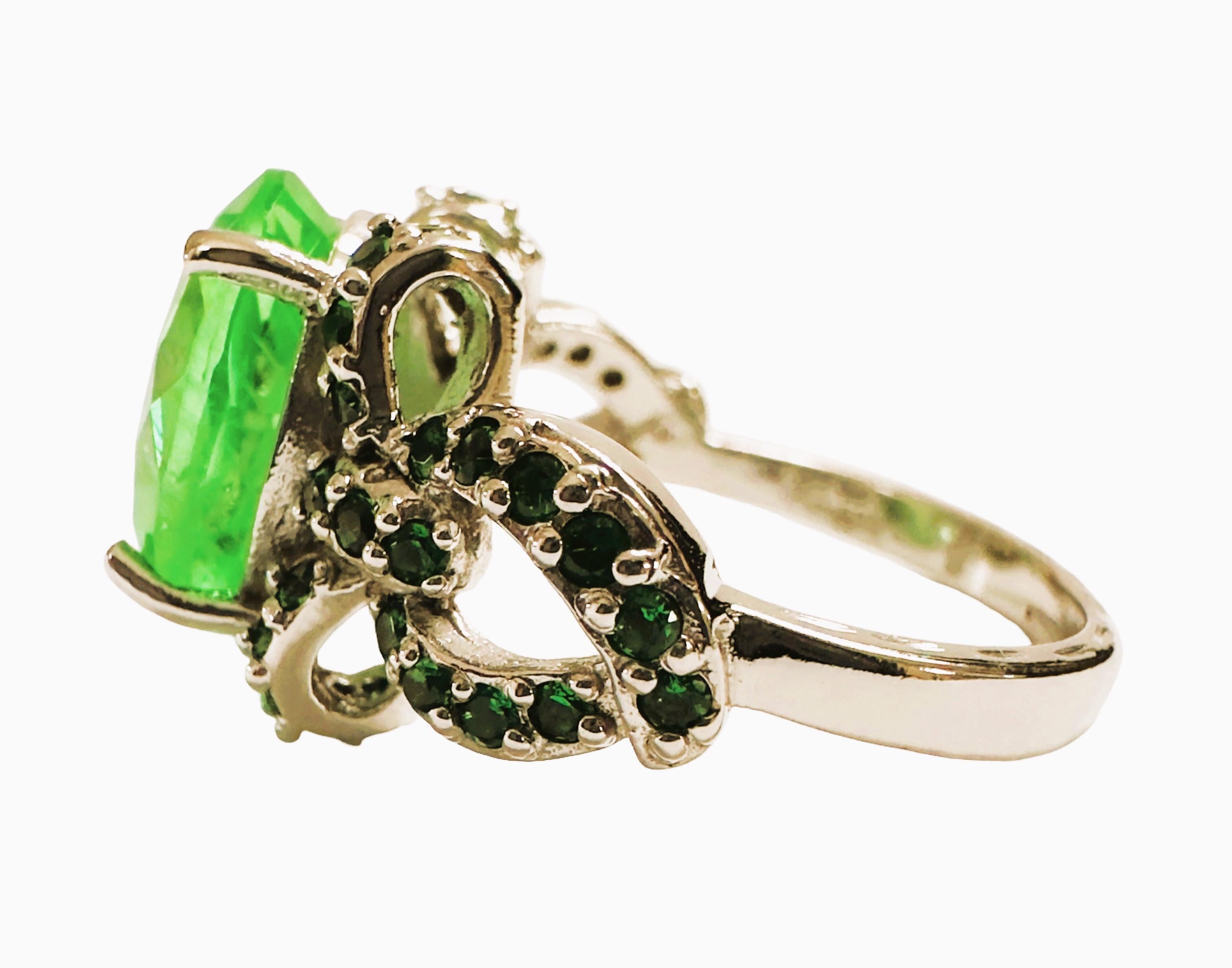 Art Deco New African 6.60 Ct Emerald Green Garnet Sapphire & Tsavorite Sterling Ring 