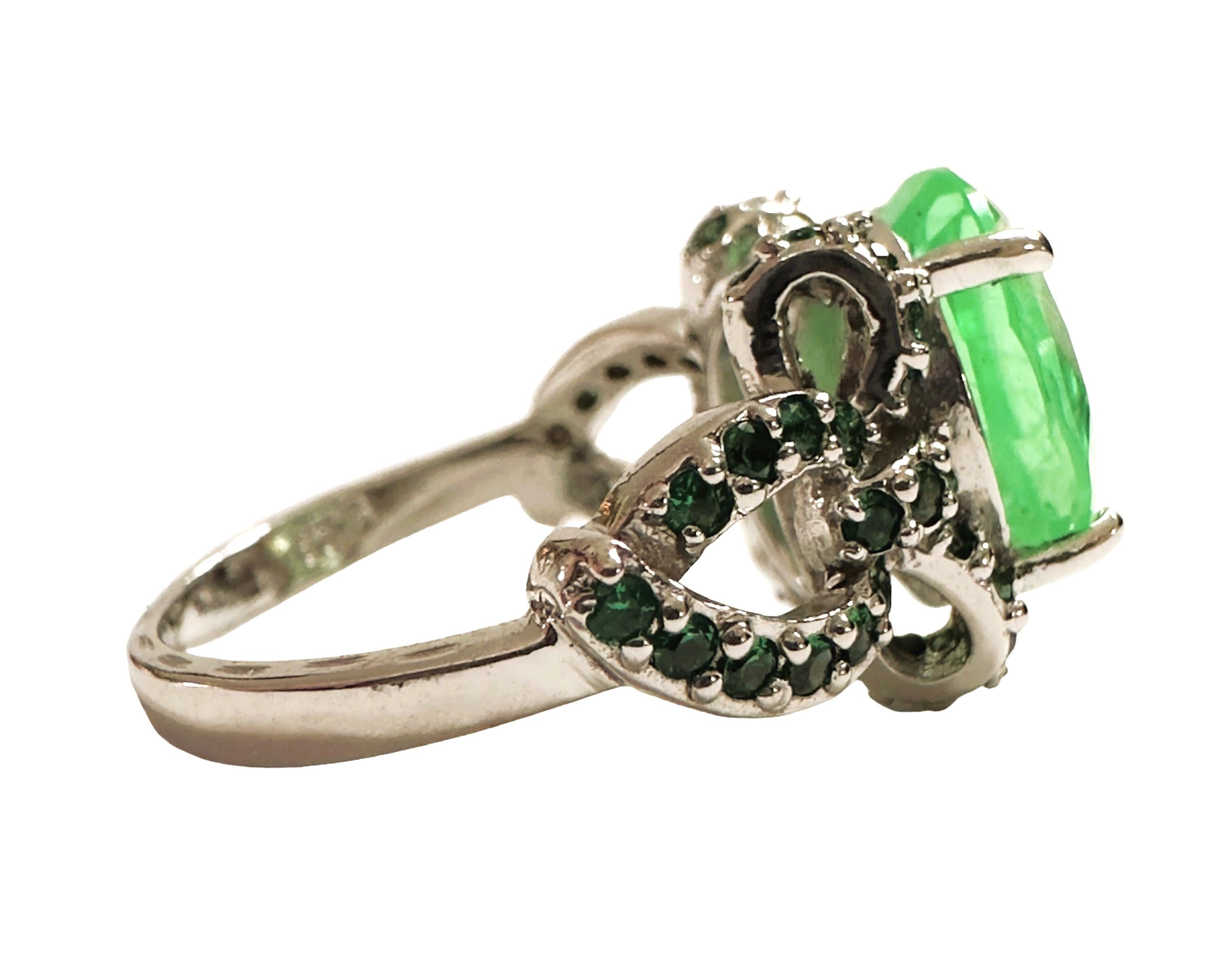 New African 6.60 Ct Emerald Green Garnet Sapphire & Tsavorite Sterling Ring  In New Condition In Eagan, MN