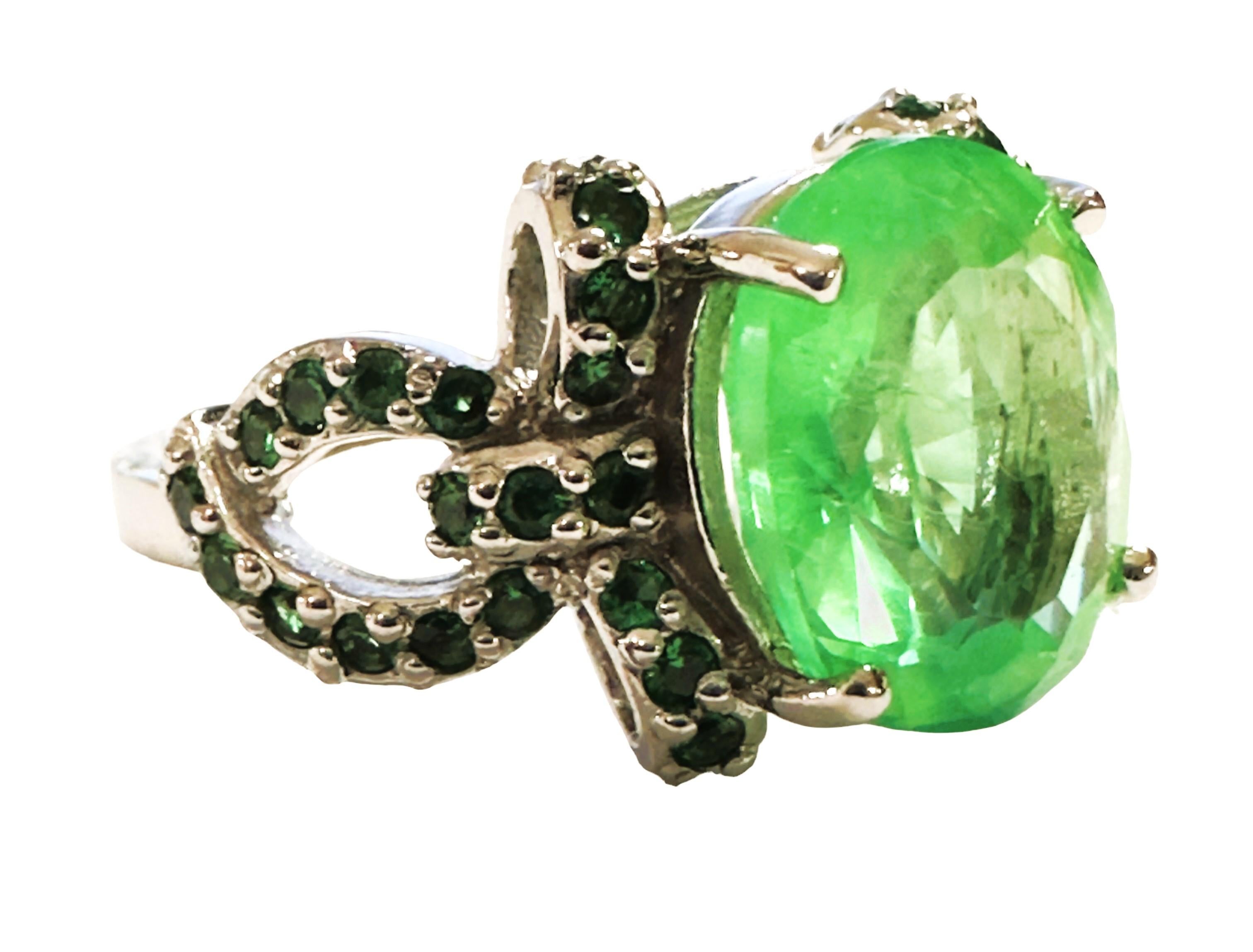 New African 6.60 Ct Emerald Green Garnet Sapphire & Tsavorite Sterling Ring  2