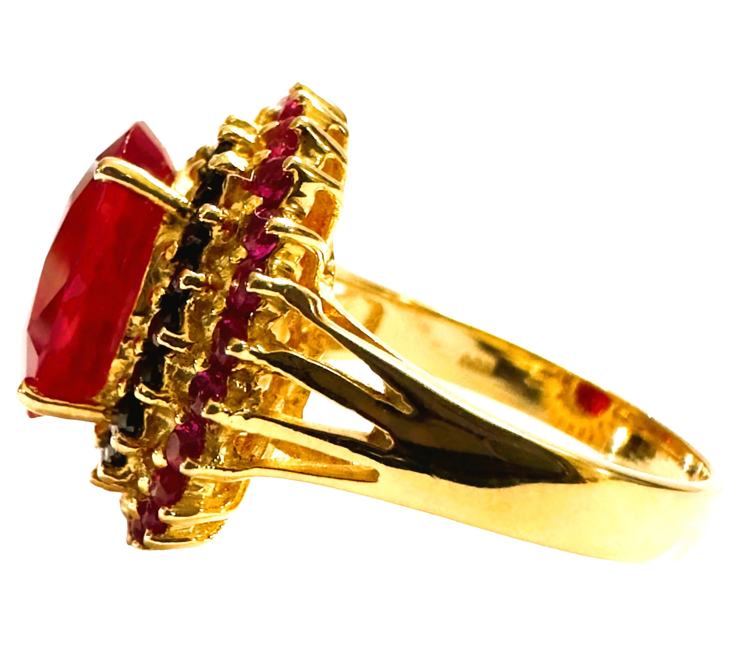 Art Deco New African 7.0 Ct Pinkish Red Sapphire & Spinel YGold Plated Sterling Ring 