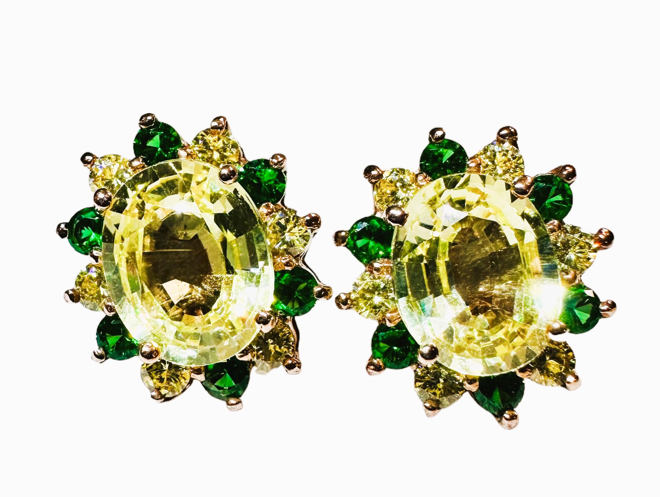 Oval Cut New 7.3 Carat Yellow Sapphire & Diamond Cut Tsavorite RGold PL Sterling Earrings