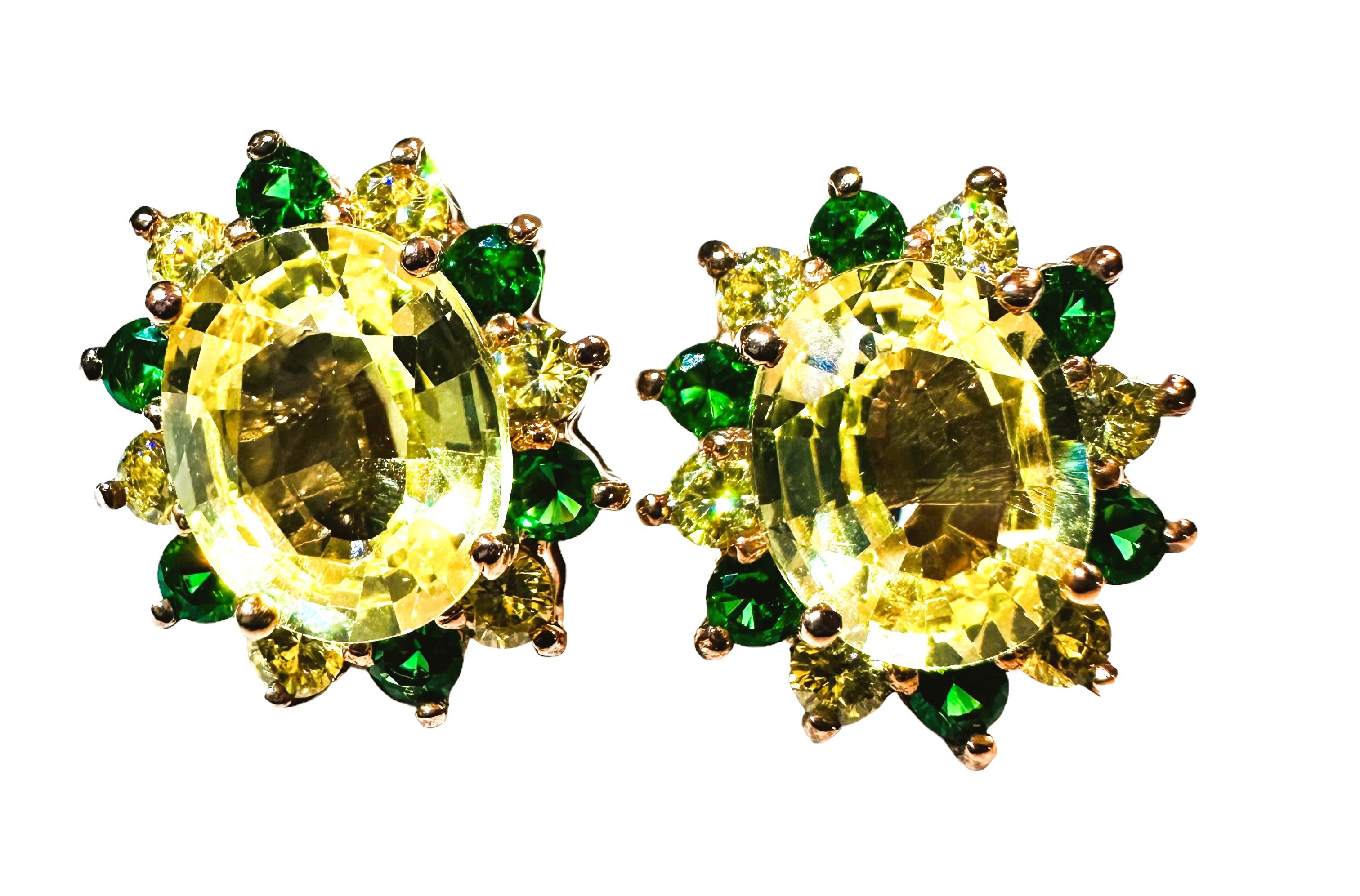 New 7.3 Carat Yellow Sapphire & Diamond Cut Tsavorite RGold PL Sterling Earrings In New Condition In Eagan, MN