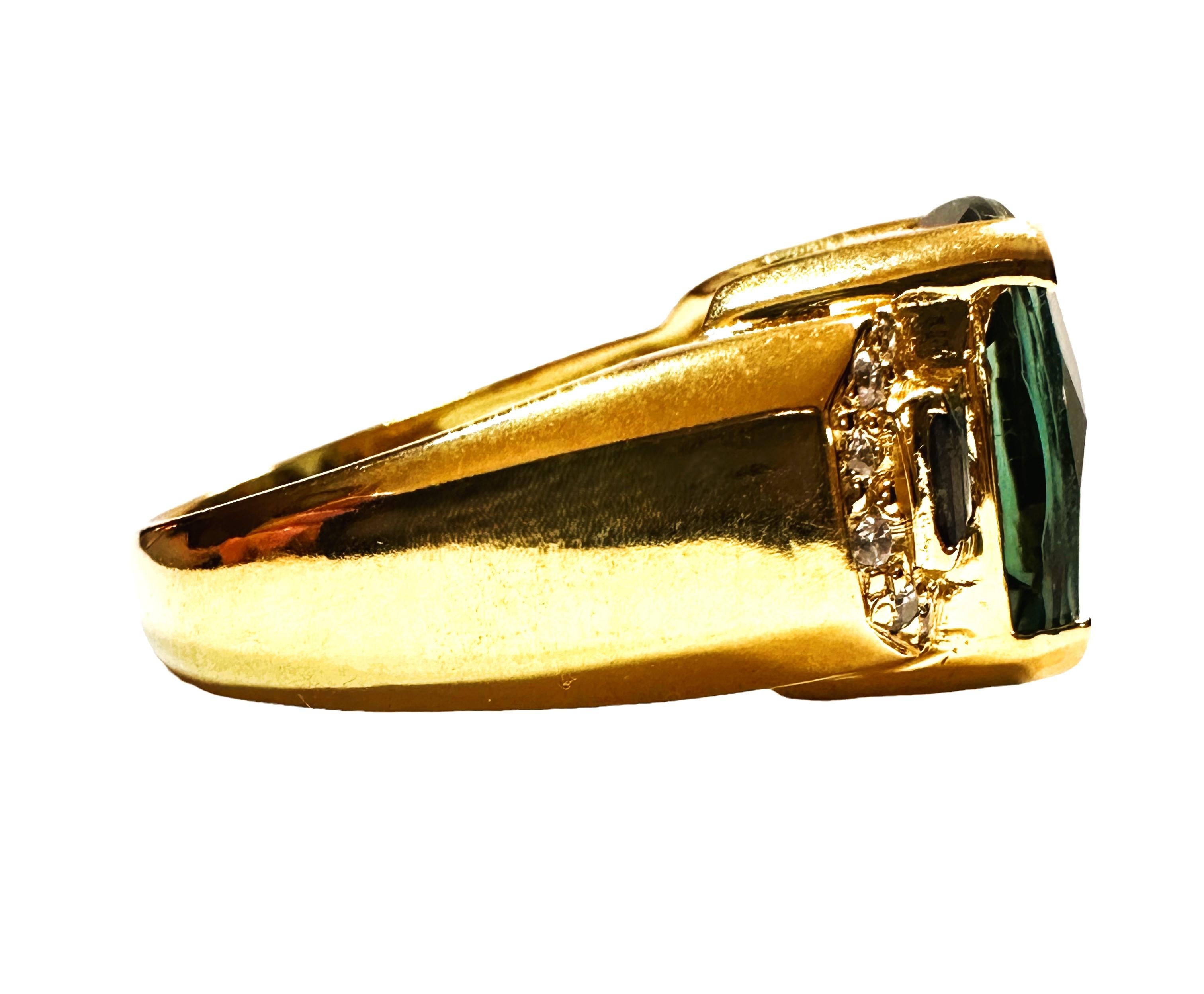 Cushion Cut New African 7.3 ct Bluish Green Tourmaline Rose Yellow Gold Plated Sterling Ring