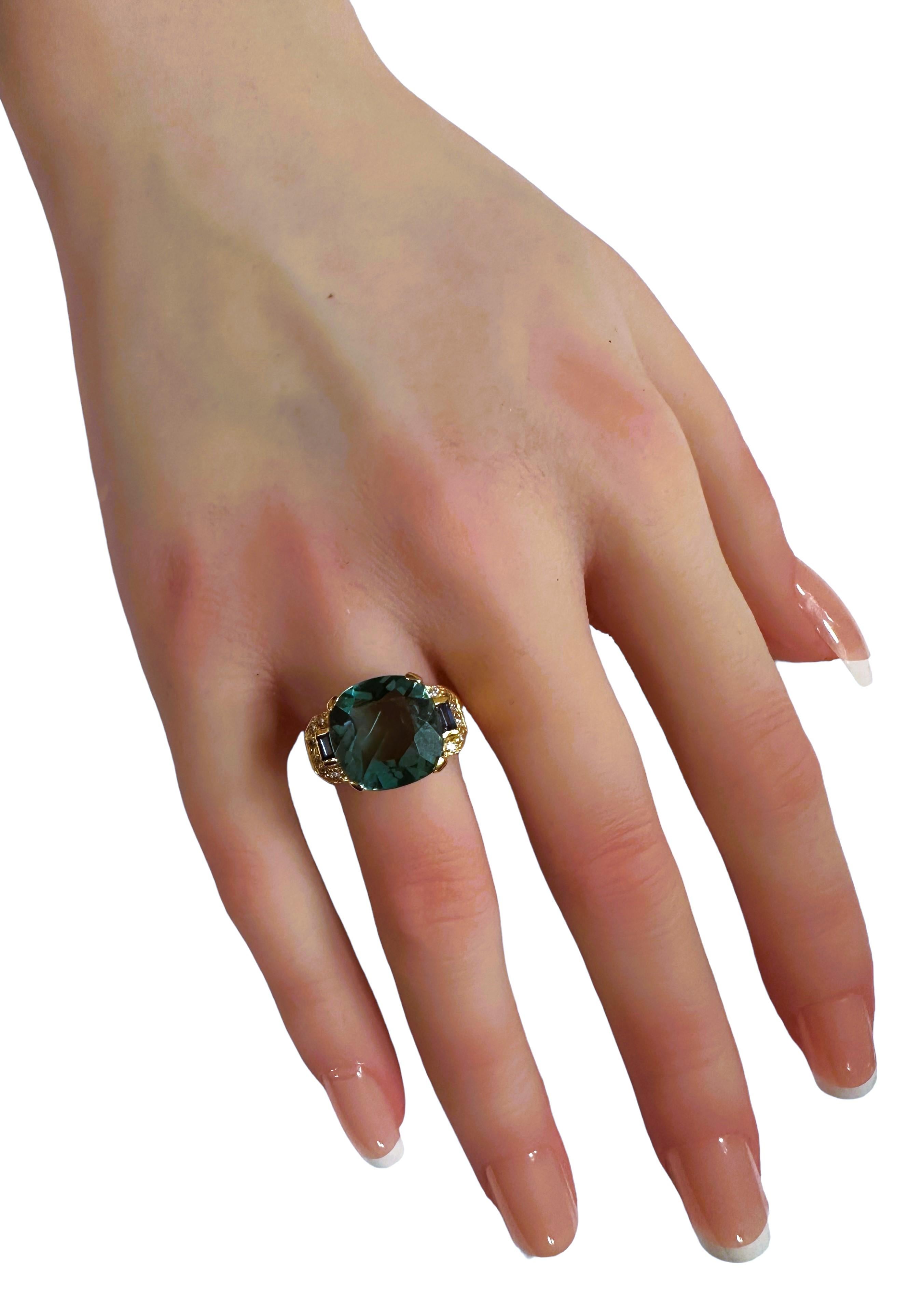 New African 7.3 ct Bluish Green Tourmaline Rose Yellow Gold Plated Sterling Ring In New Condition In Eagan, MN