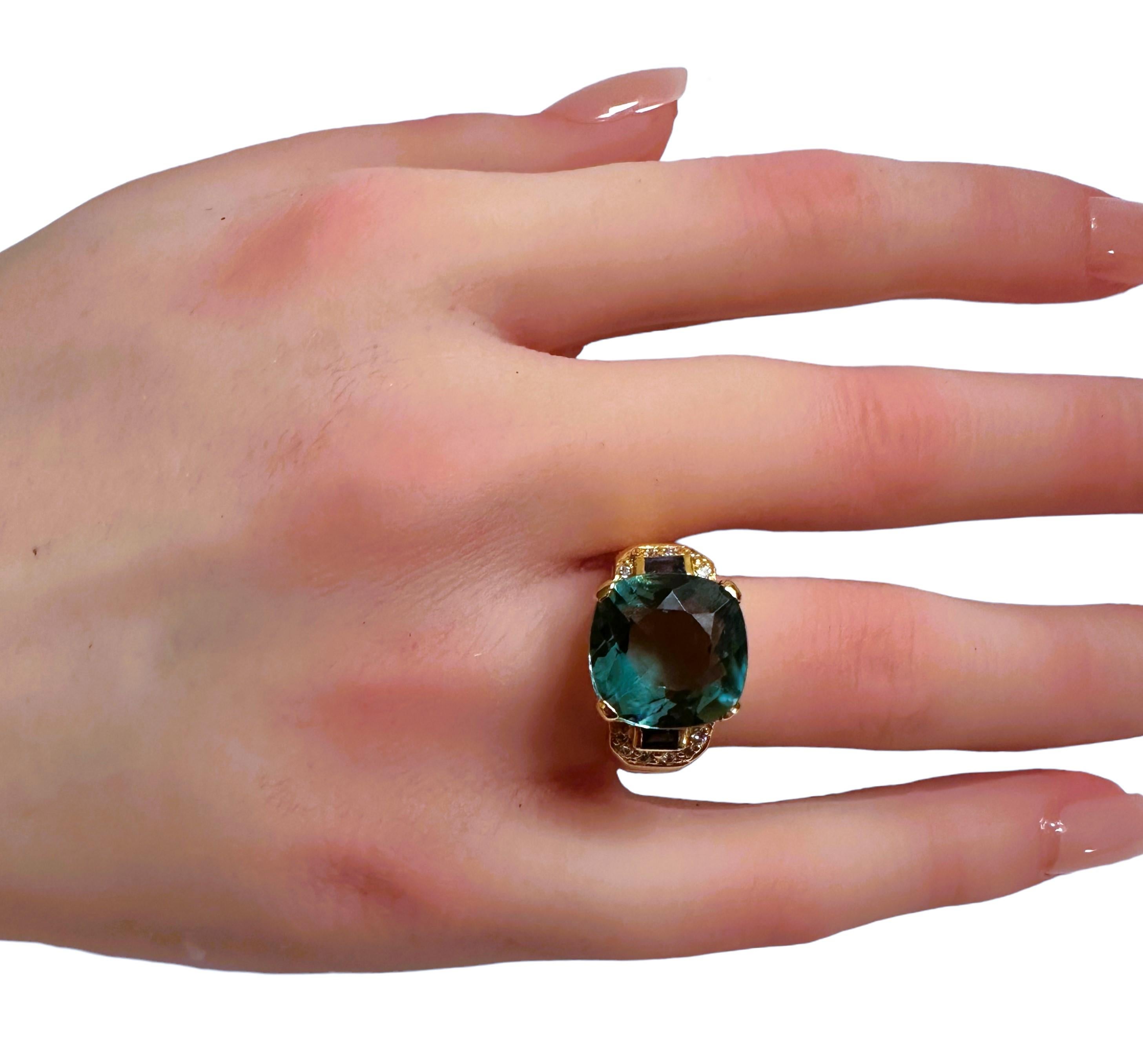 Women's New African 7.3 ct Bluish Green Tourmaline Rose Yellow Gold Plated Sterling Ring