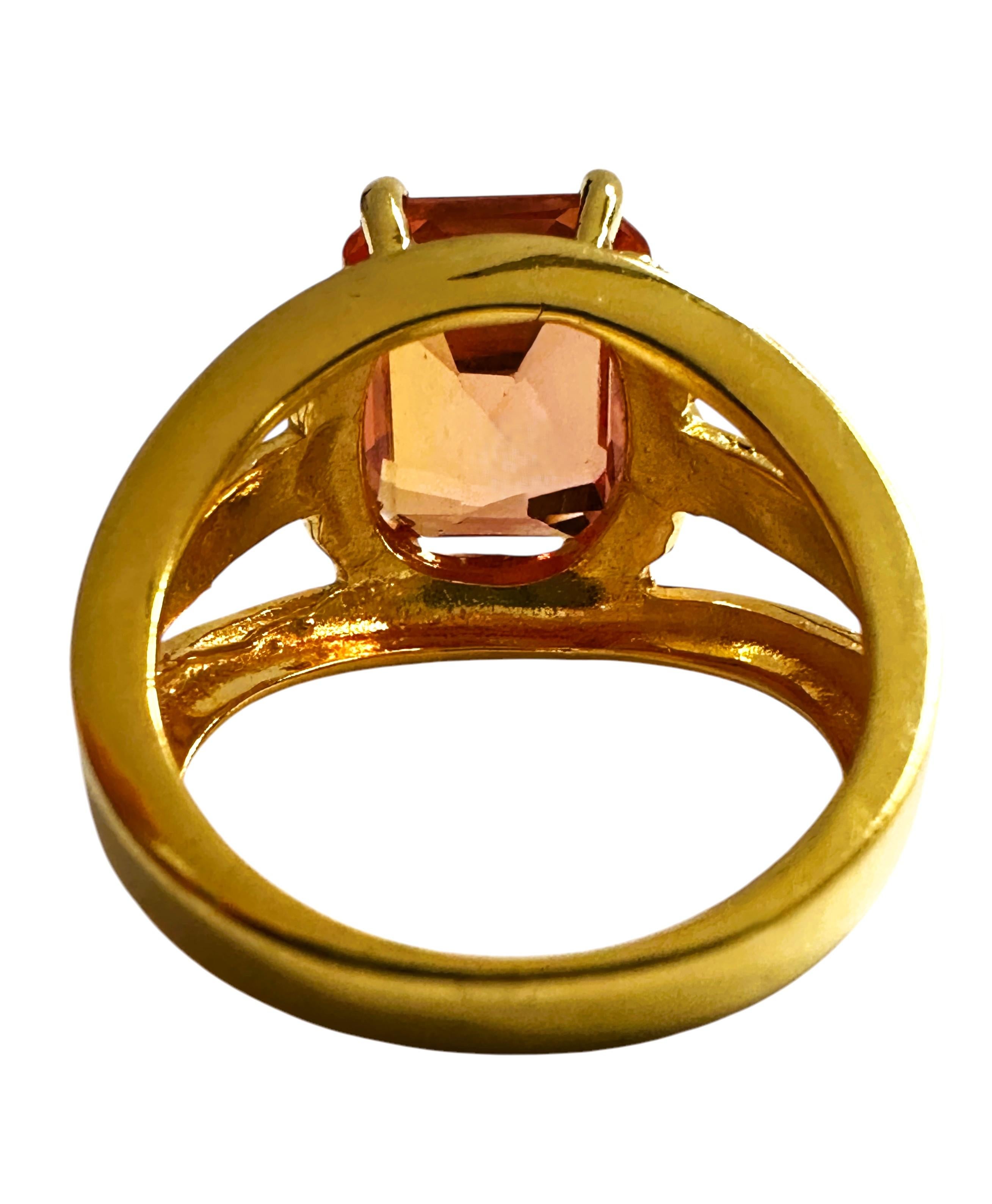 Taglio smeraldo New African 7,4 Carat Mandarin Orange Tourmaline Yellow Gold Pl Sterling Ring in vendita