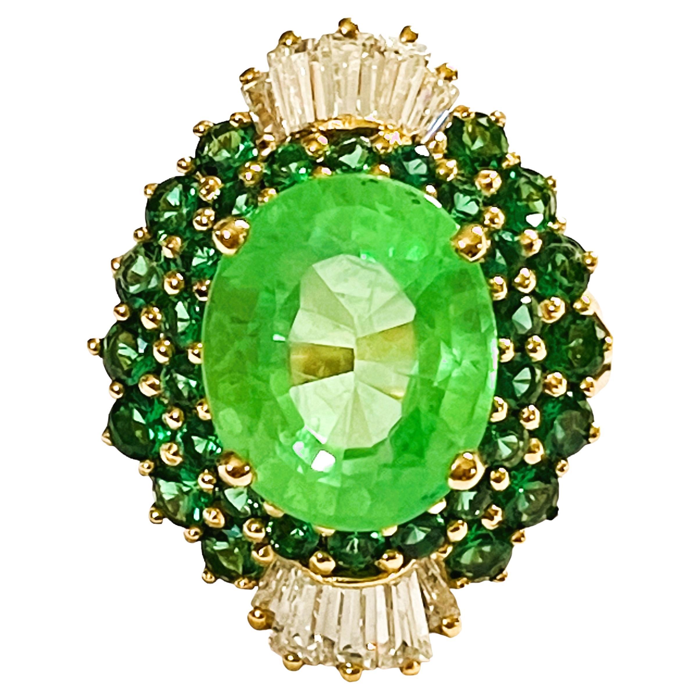 New African 7.9 Ct Emerald Green Garnet Sapphire & Tsavorite YGold Sterling Ring