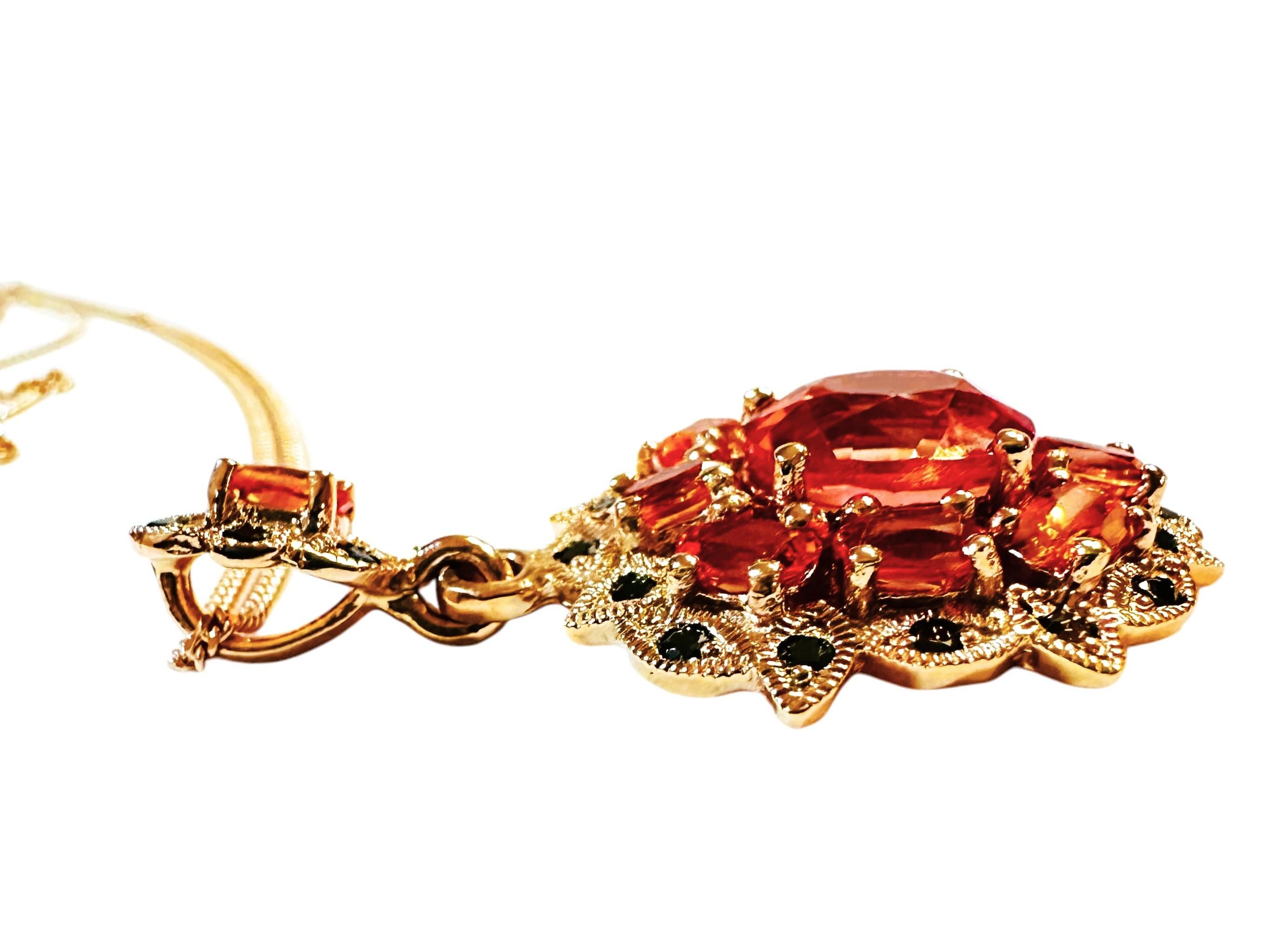Art Deco New African 8.1 ct Orange Sapphire & Diamond Cut Spinel RGold Sterling Necklace