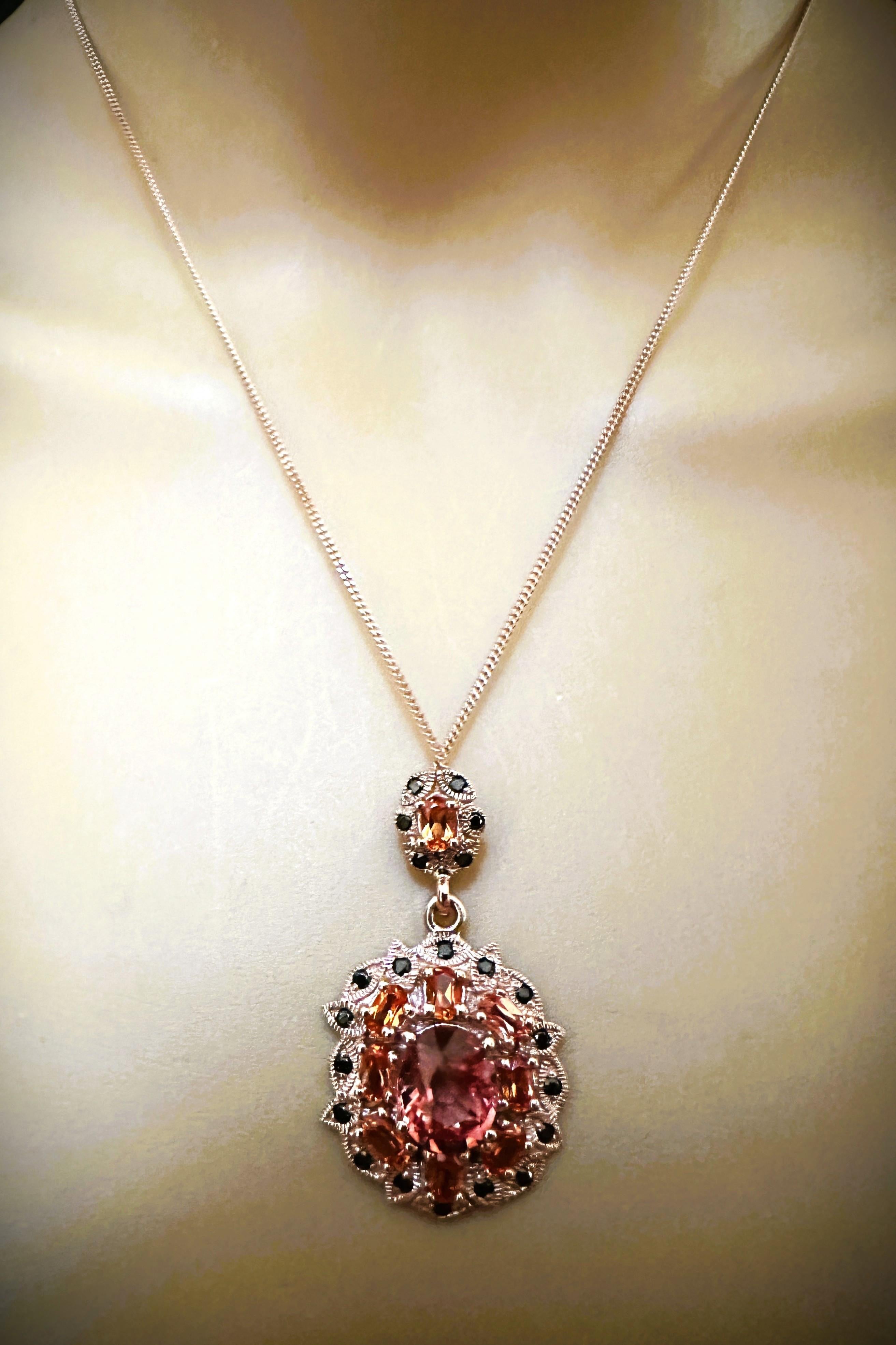 New African 8.1 ct Orange Sapphire & Diamond Cut Spinel RGold Sterling Necklace In New Condition In Eagan, MN