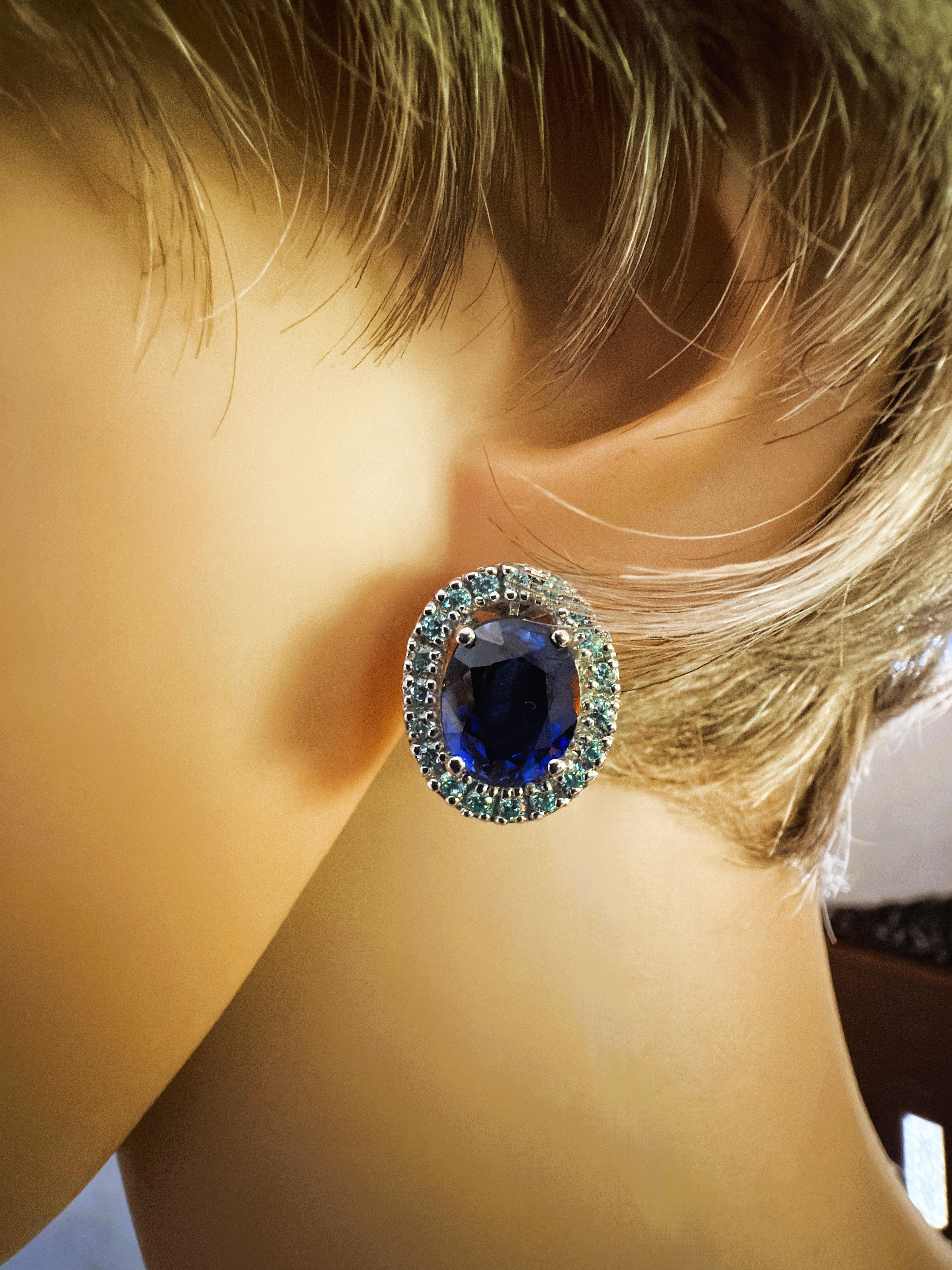 Oval Cut New African 8.4 Carat Royal Blue Sapphire & Diamond Cut Aqua Earrings For Sale