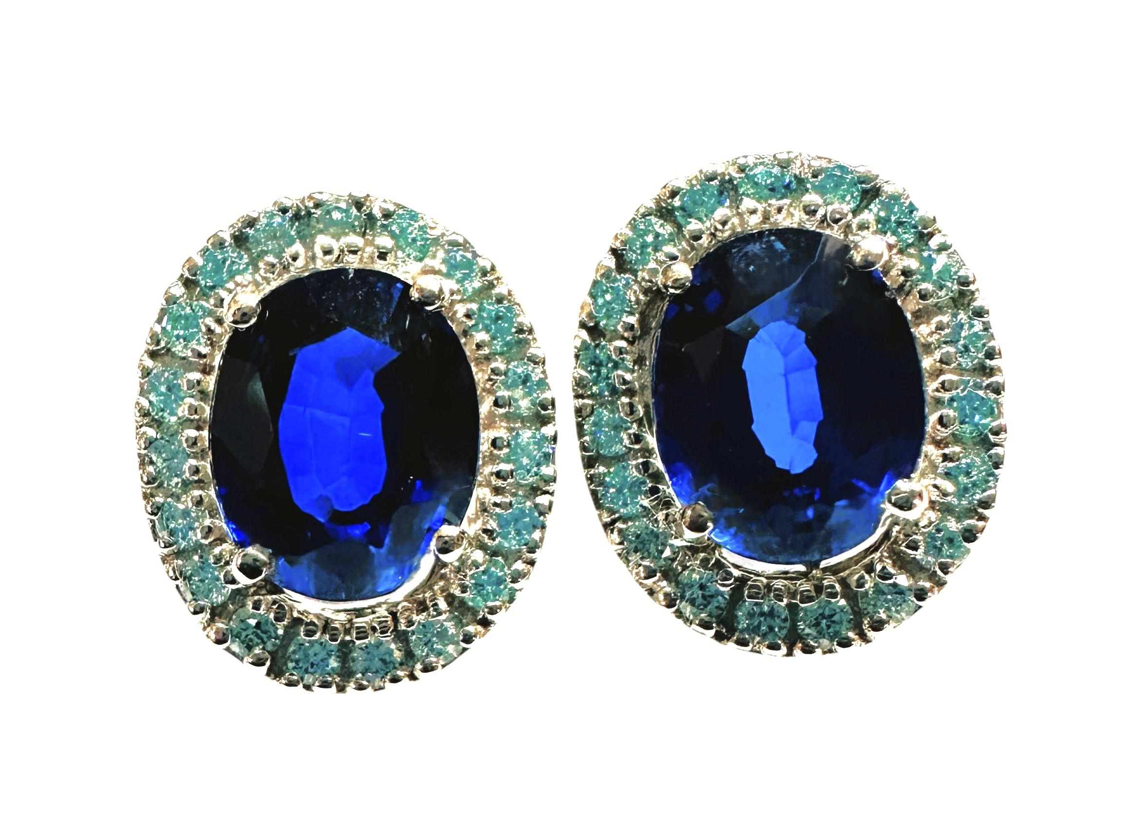 Women's New African 8.4 Carat Royal Blue Sapphire & Diamond Cut Aqua Earrings For Sale