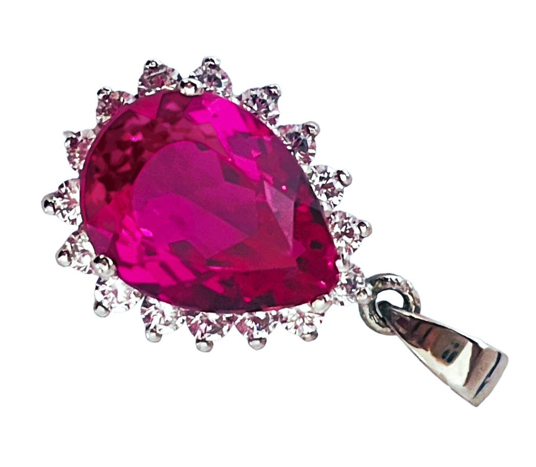 Pear Cut New African 8.7 Carat Raspberry Topaz and White Sapphire Sterling Pendant For Sale