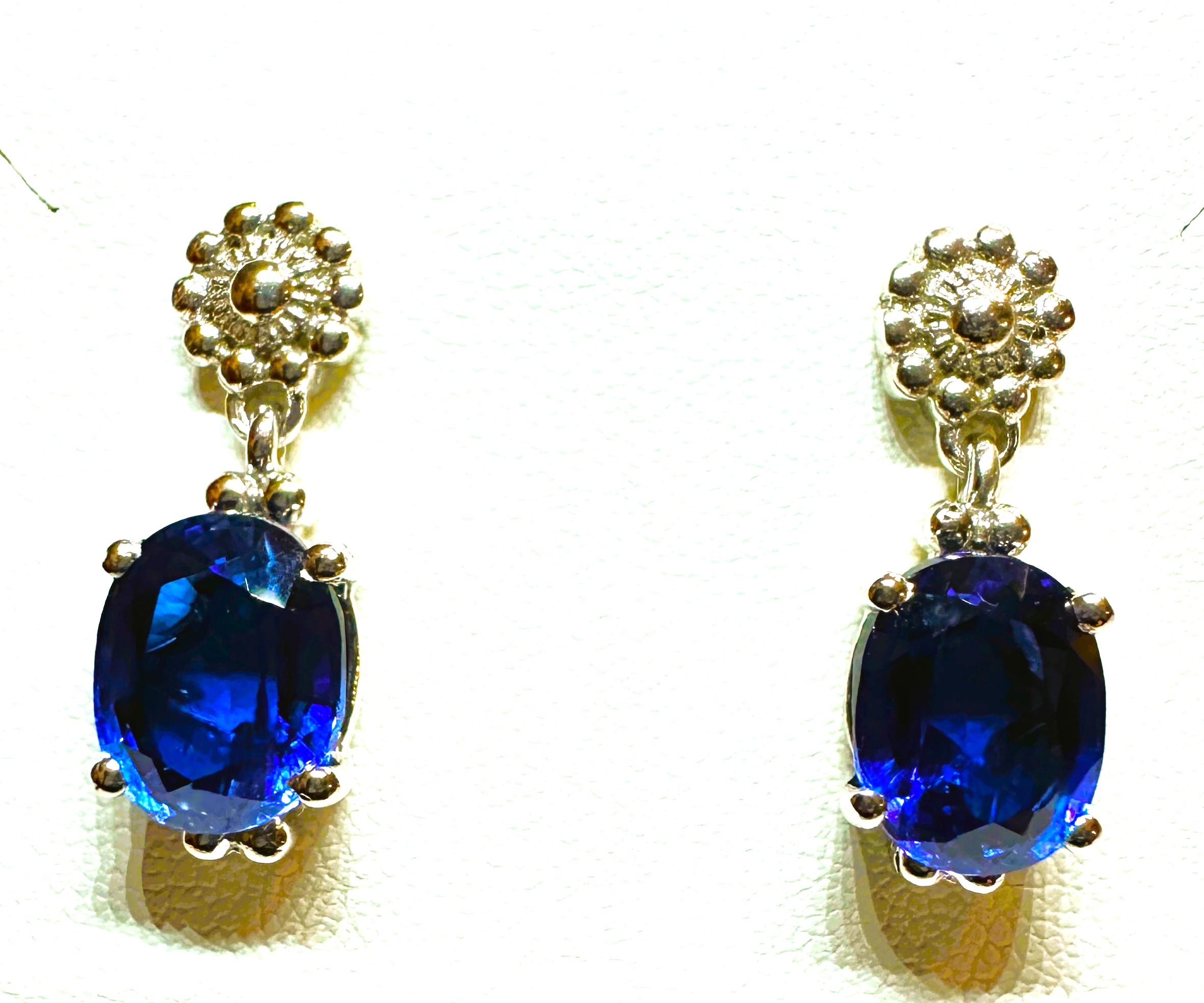 New African 8.70 Carat  Blue Sapphire Post Dangle Sterling Earrings For Sale 2