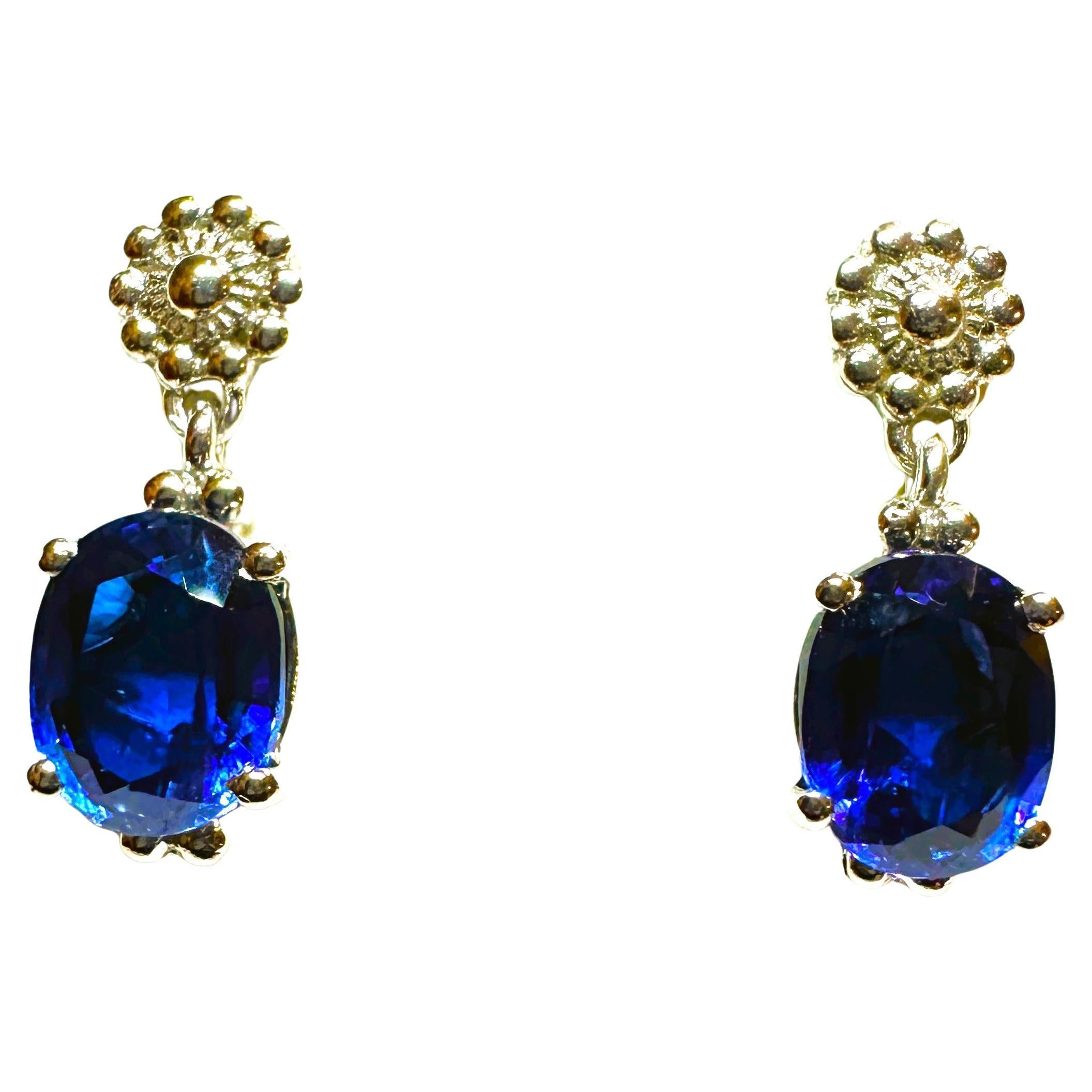 New African 8.70 Carat  Blue Sapphire Post Dangle Sterling Earrings