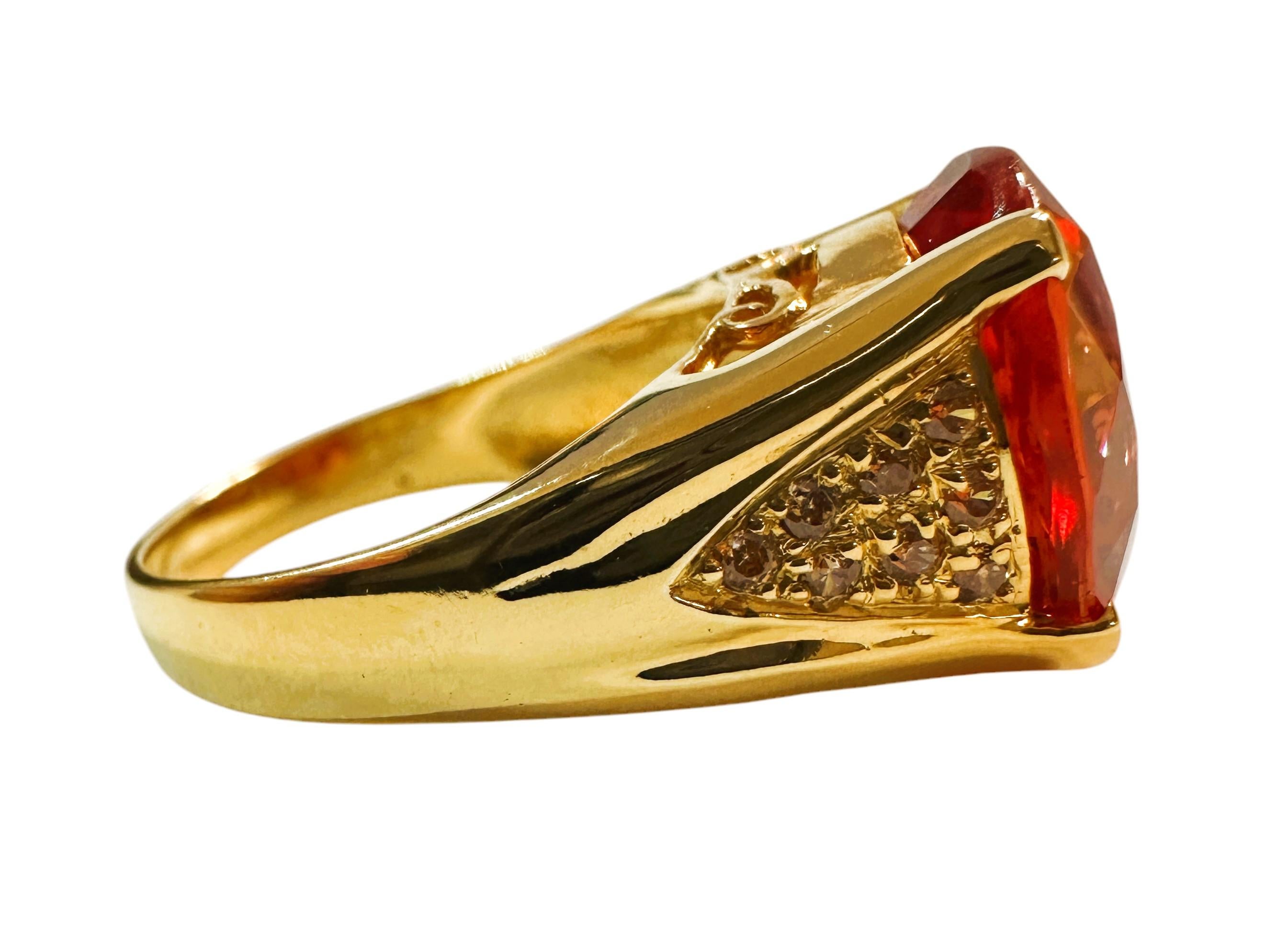 New African 8.8 ct Orange & Diamond cut Champagne Sapphire YGold Sterling Ring In New Condition In Eagan, MN