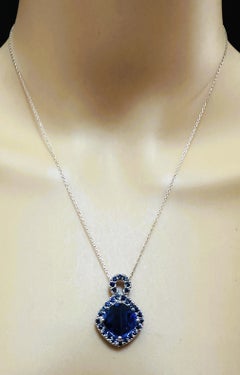 New African 9.70 ct Deep Blue Sapphire Sterling Pendant Necklace 18 Inches