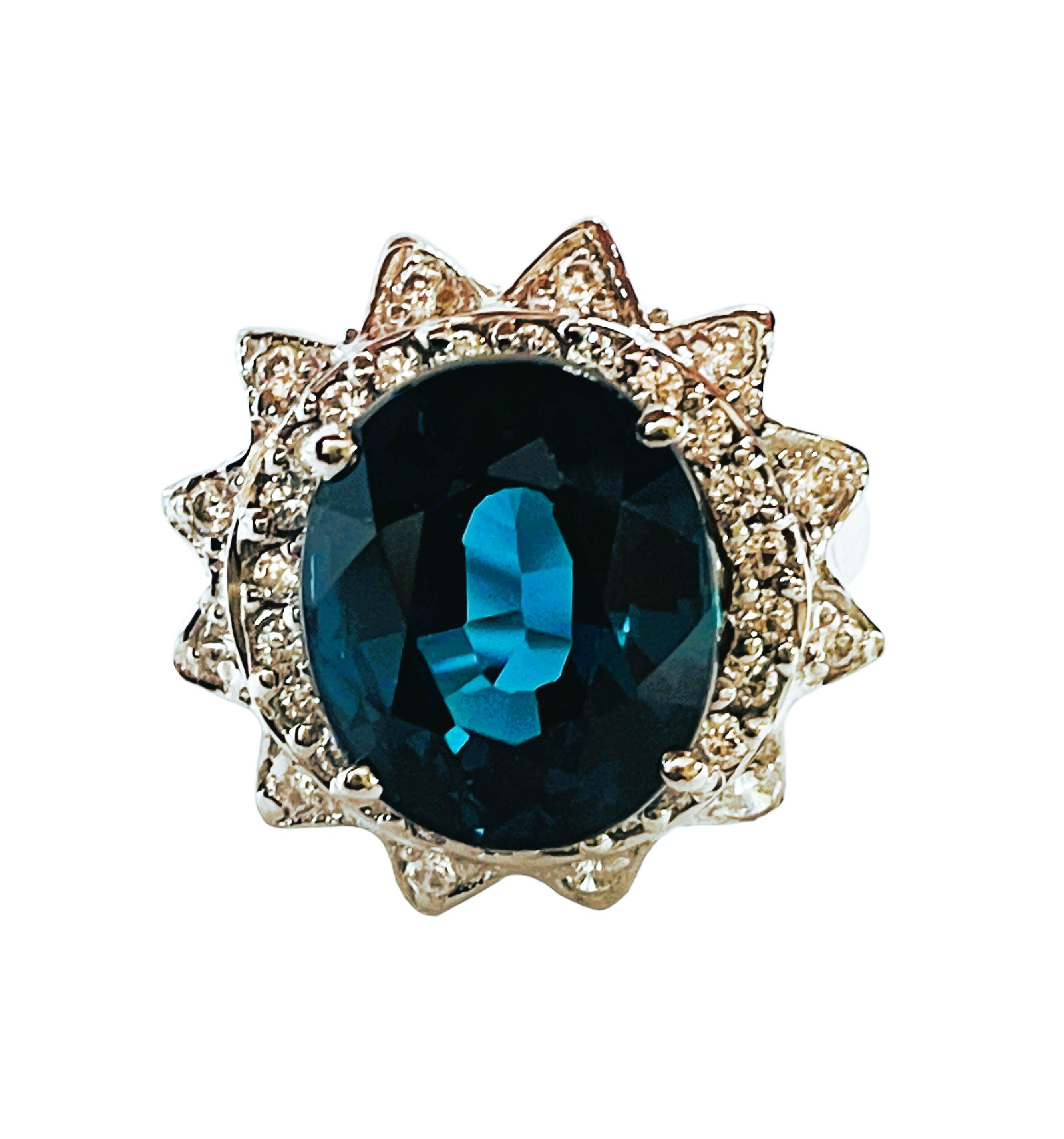 Art Deco New African Deep Blue Teal 8.60ct Tourmaline & Sapphire Sterling Ring
