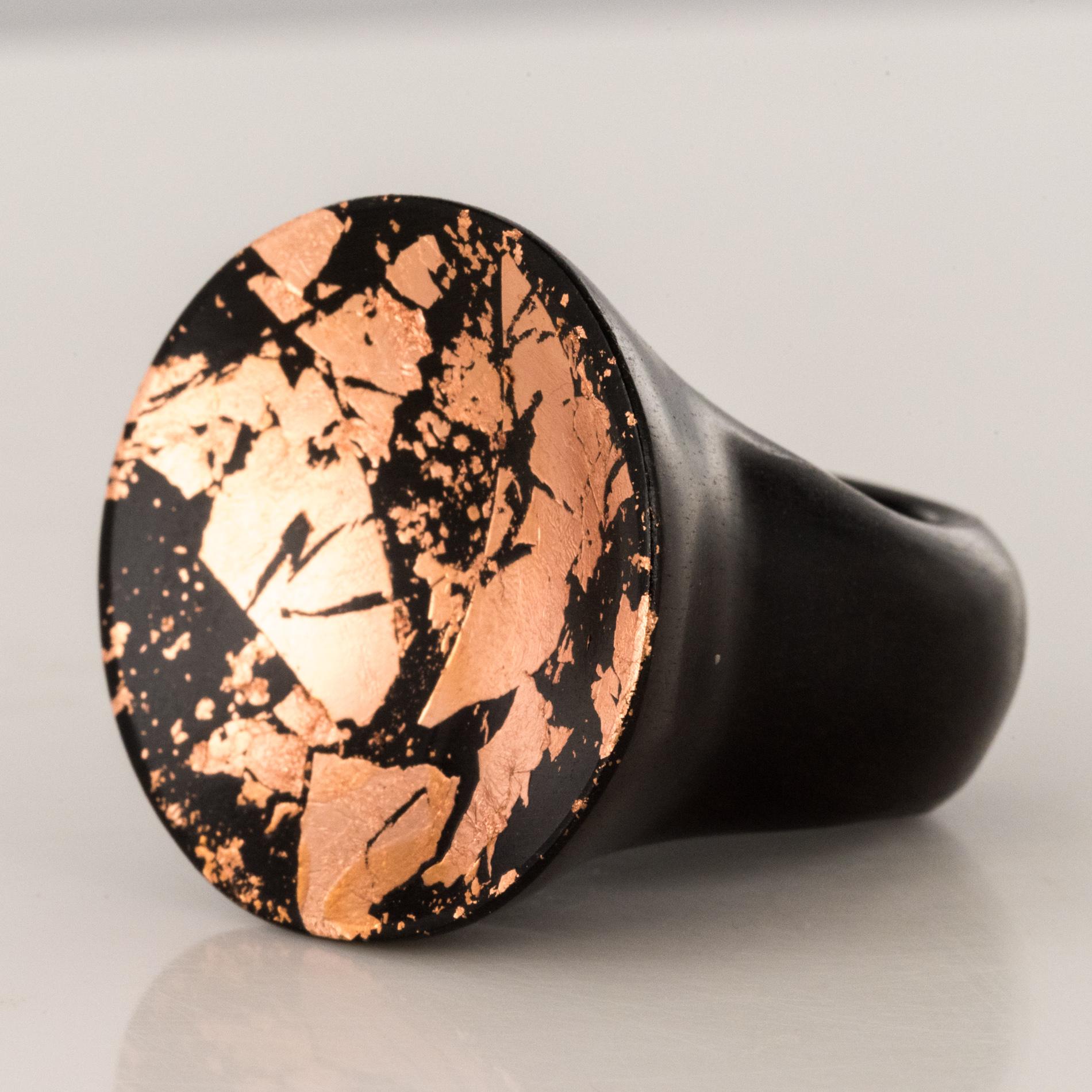 Contemporary African Ebony Copper Leaf Round Ring