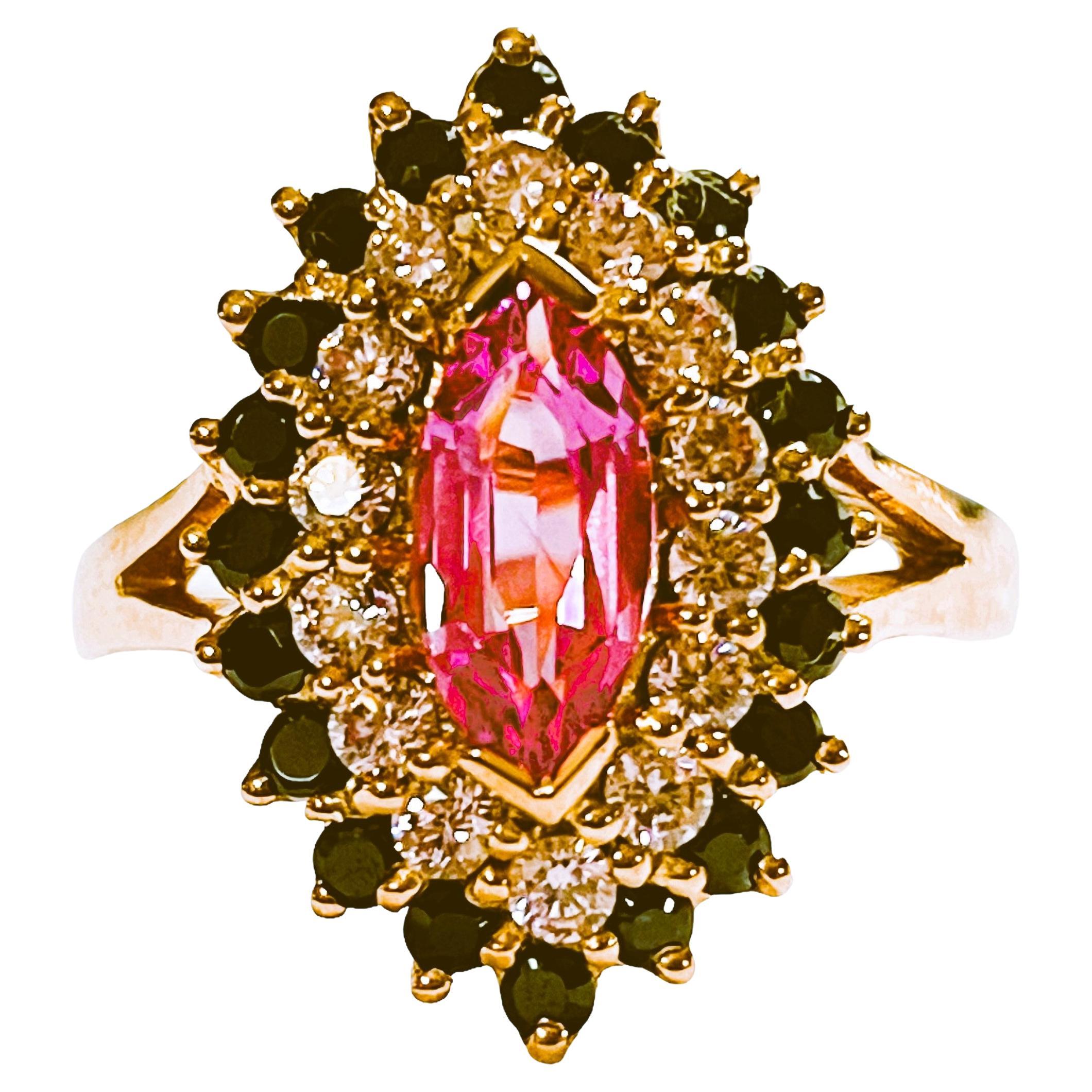 New African IF 1 Ct Pink Marquise, White Sapp, Spinel Rgold Plate Sterling Ring 