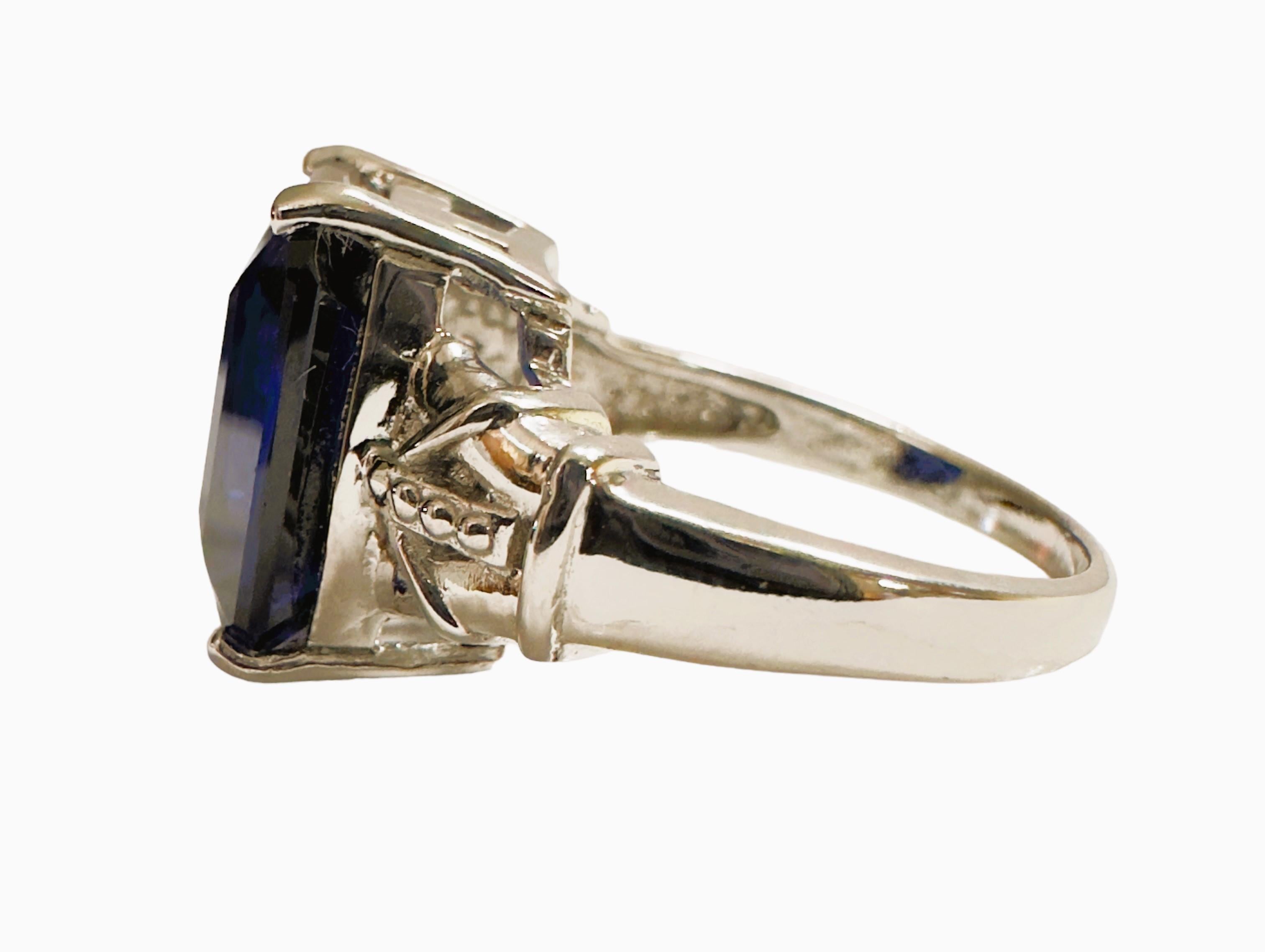 Art Deco New African IF 10.20 Ct Deep Blue Sapphire Sterling Ring Size 6.25