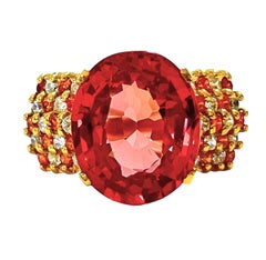New African IF 10.4ct Pink Orange Padparadscha and Sapphire Ygold Sterling Ring