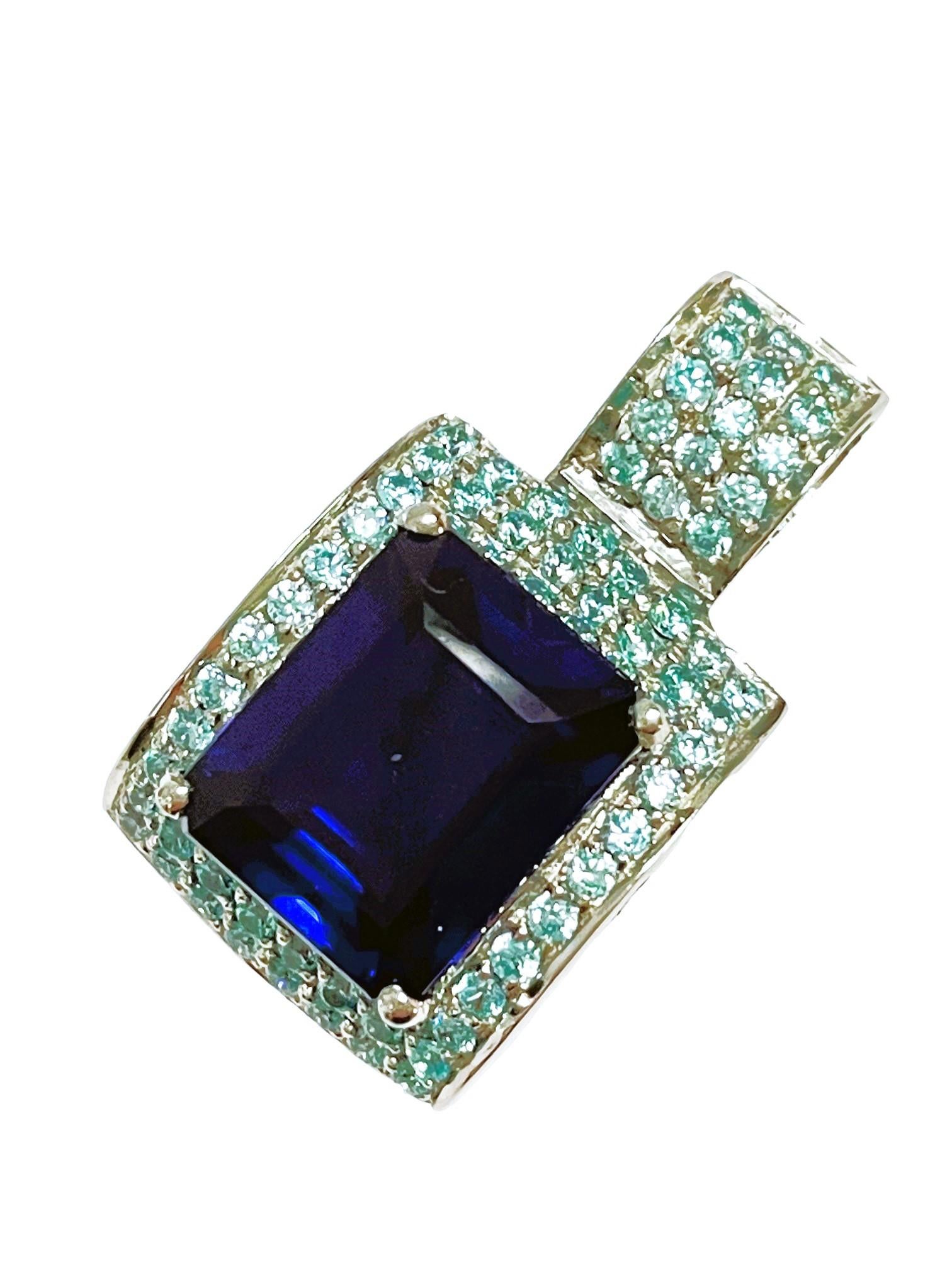 Art Deco New African If 10.7 Carat Deep Blue and Neon Blue Sapphire Sterling Pendant