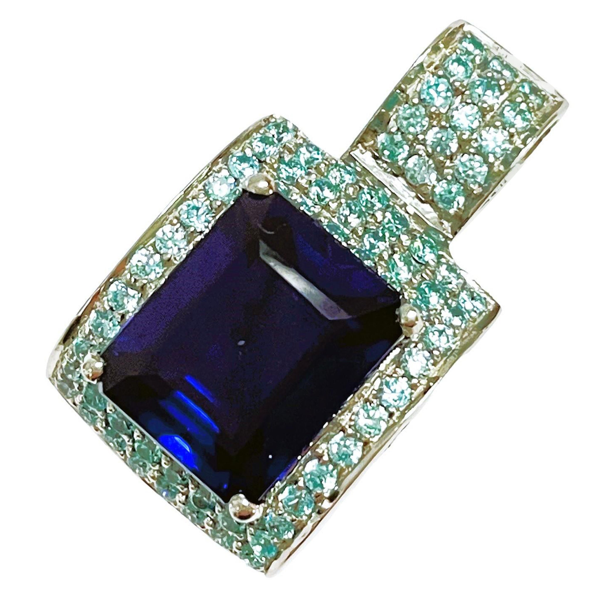 New African If 10.7 Carat Deep Blue and Neon Blue Sapphire Sterling Pendant