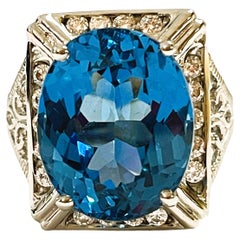 New African If 13.5 Ct Vintage Look Swiss Blue Topaz & White Sapp Sterling Ring