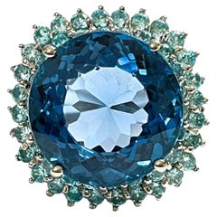 New African IF 13.80 Ct Swiss Blue Topaz & Blue Sapphire Sterling Ring
