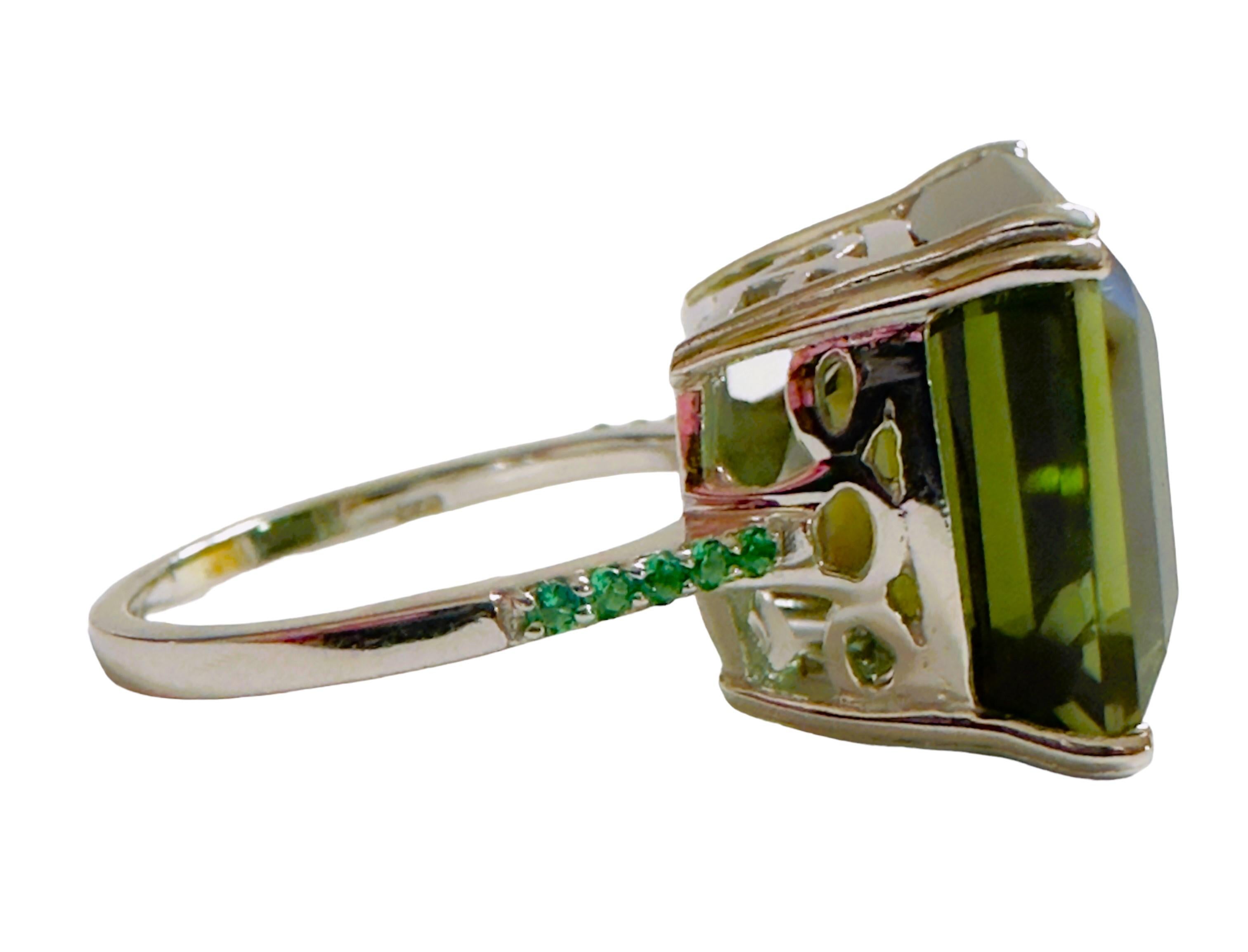 Women's New African IF 14.8 Ct Forest Green Tourmaline & Tsavorite Sterling Ring