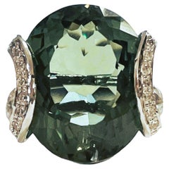 New African IF 14.8 Ct Smoky Green Sphene & White Sapphire Sterling Ring