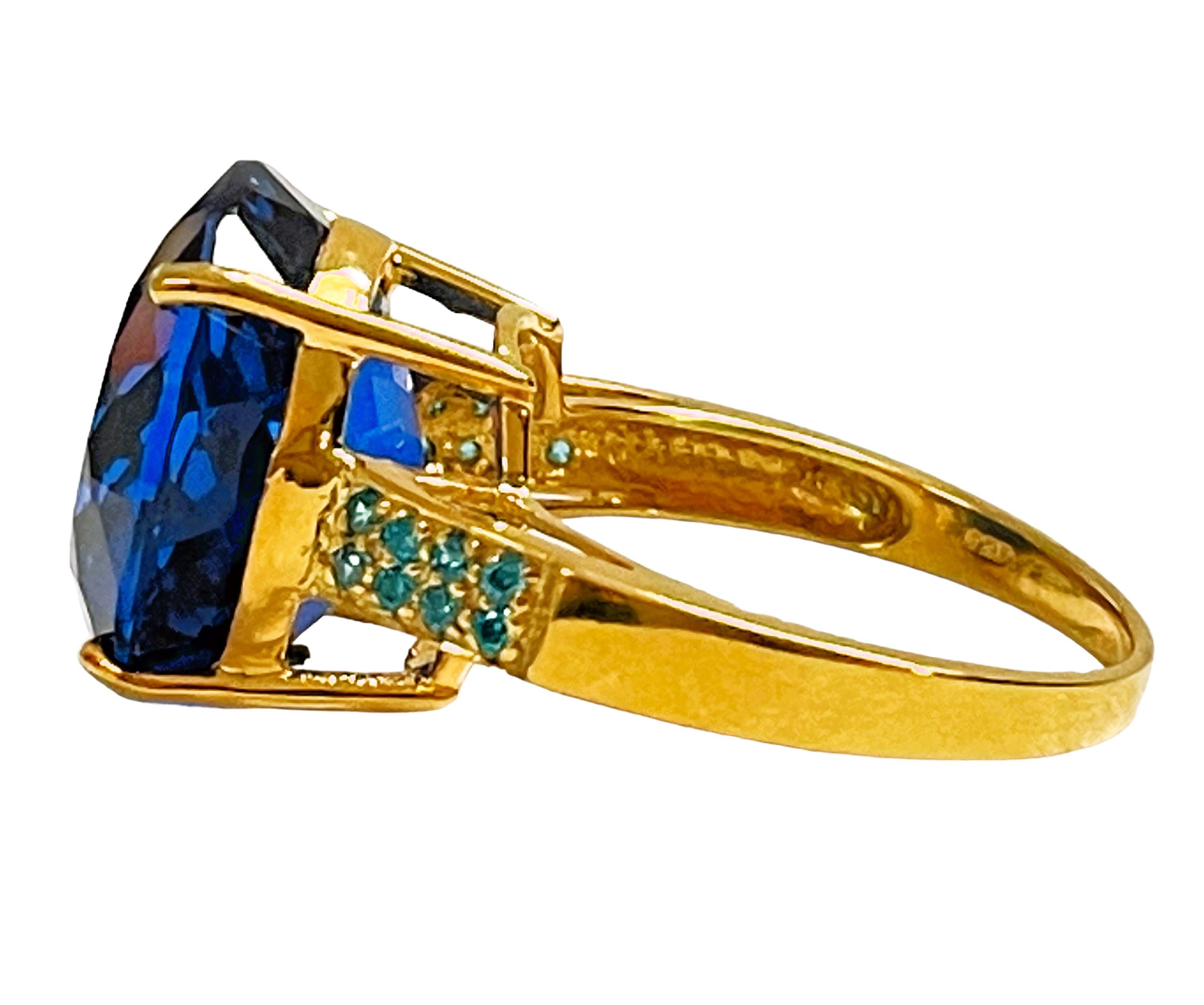 Art Deco New African IF 15.5 Swiss Blue Topaz & Apatite YGold Plated Sterling Ring