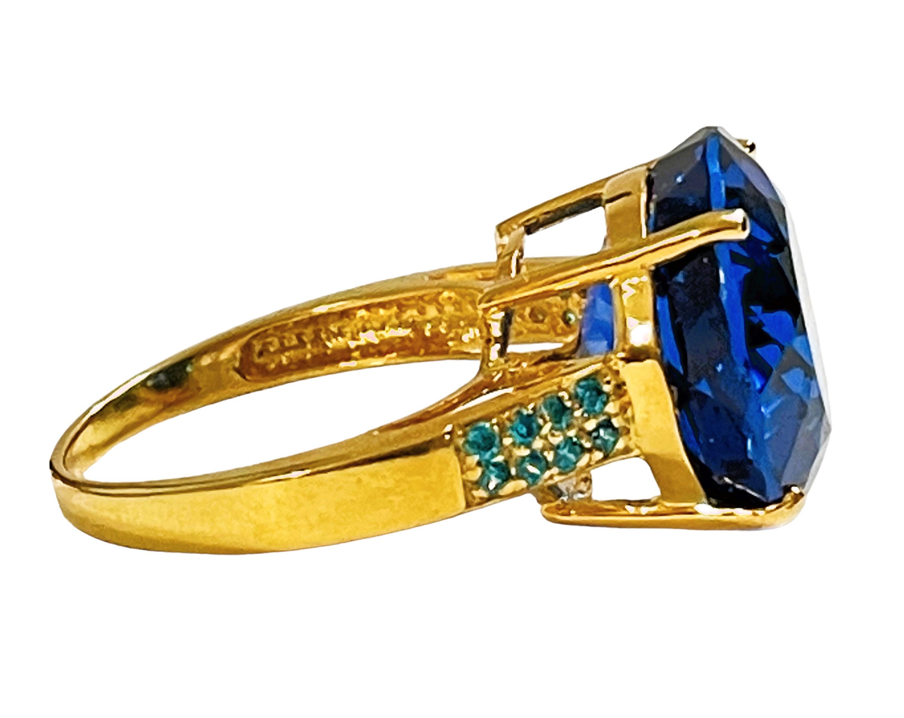 New African IF 15.5 Swiss Blue Topaz & Apatite YGold Plated Sterling Ring In New Condition In Eagan, MN