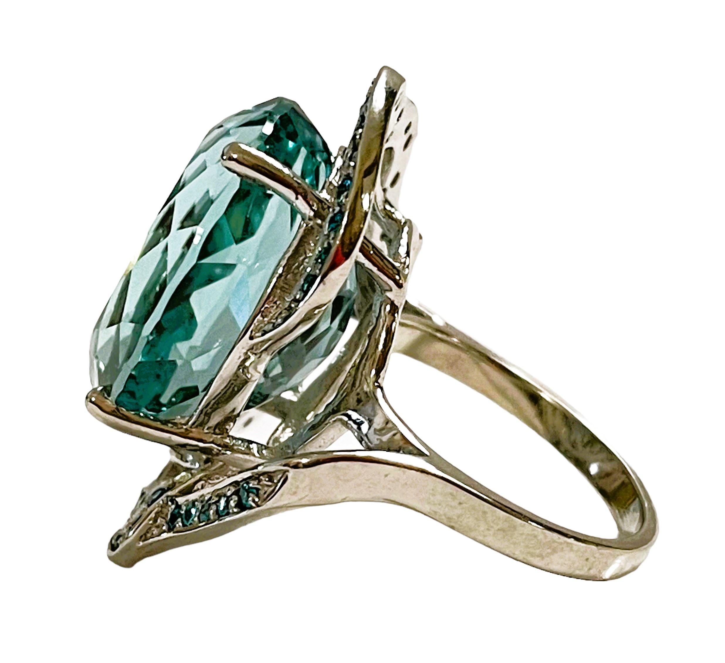 Art Deco New African IF 18.2 Ct Aquamarine & Blue Apatite Sterling Ring