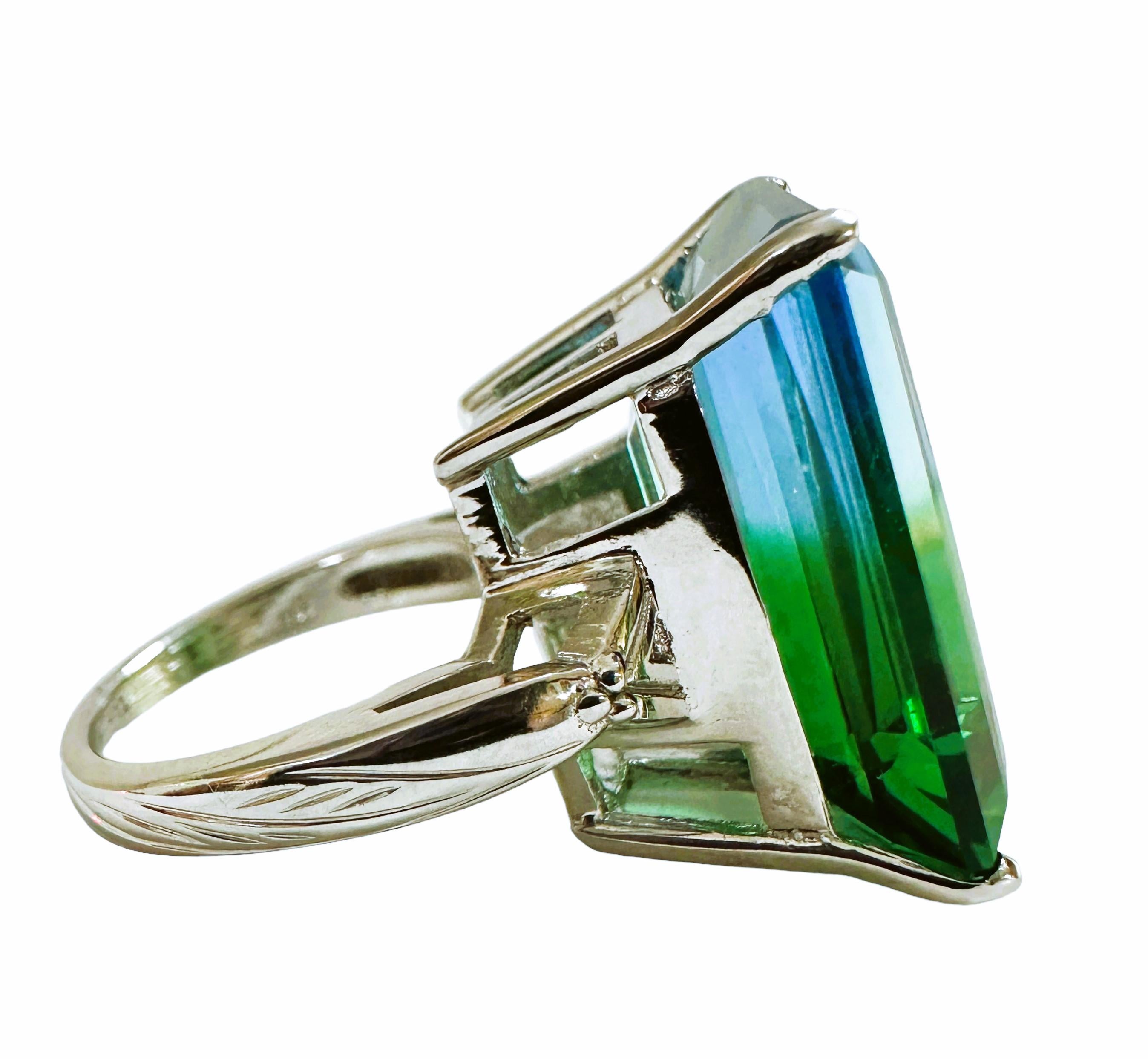 Emerald Cut New African IF 21.30 Carat Blue Green Ametrine Sterling Ring Size 6.5