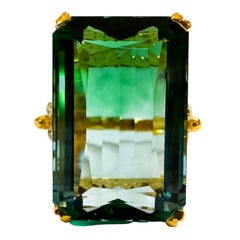 New African IF 24.60 Carat Blue Green Ametrine Yellow Gold Plated Sterling Ring
