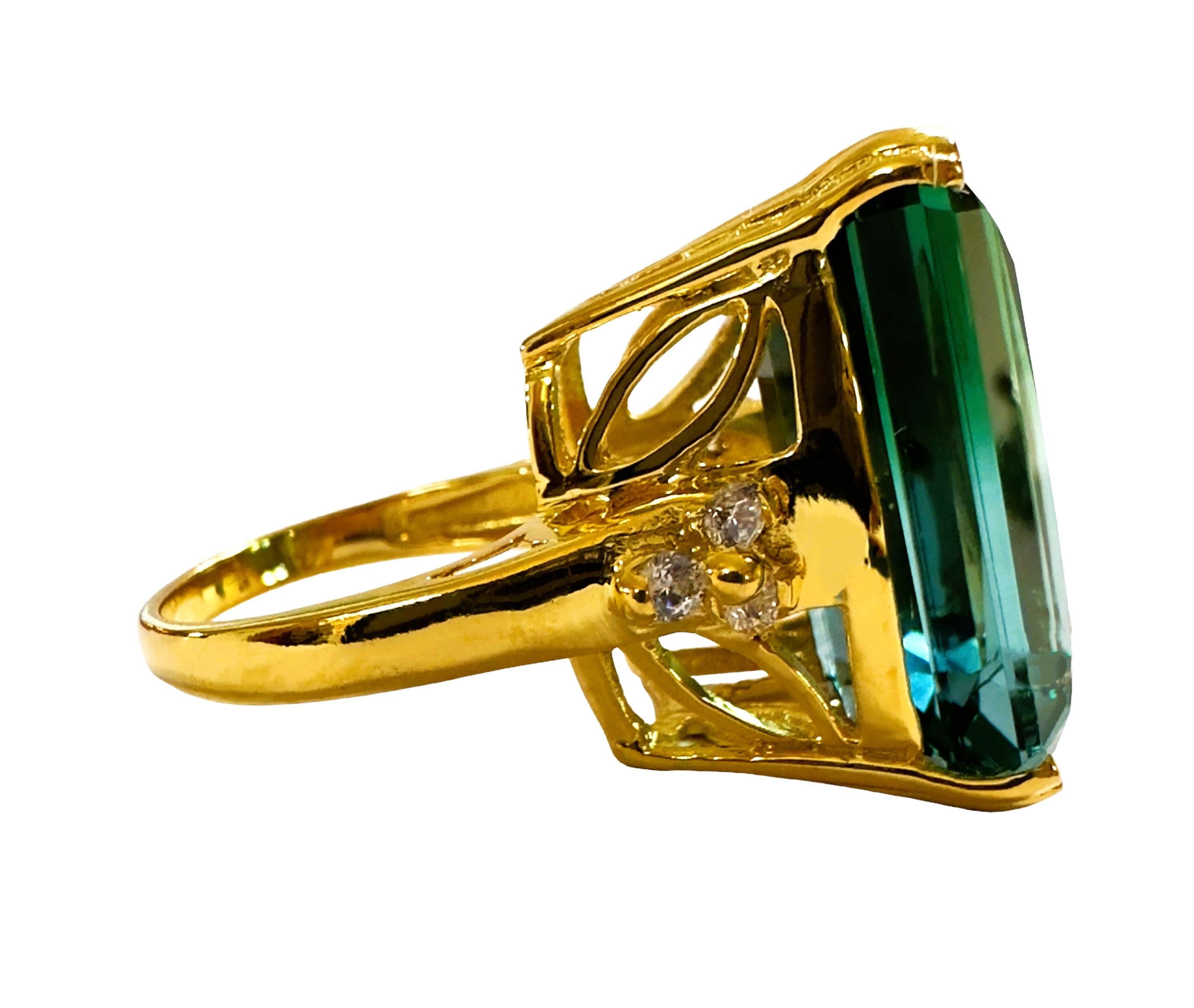 New African IF 24.60 Carat Blue Green Ametrine Yellow Gold Plated Sterling Ring In New Condition In Eagan, MN