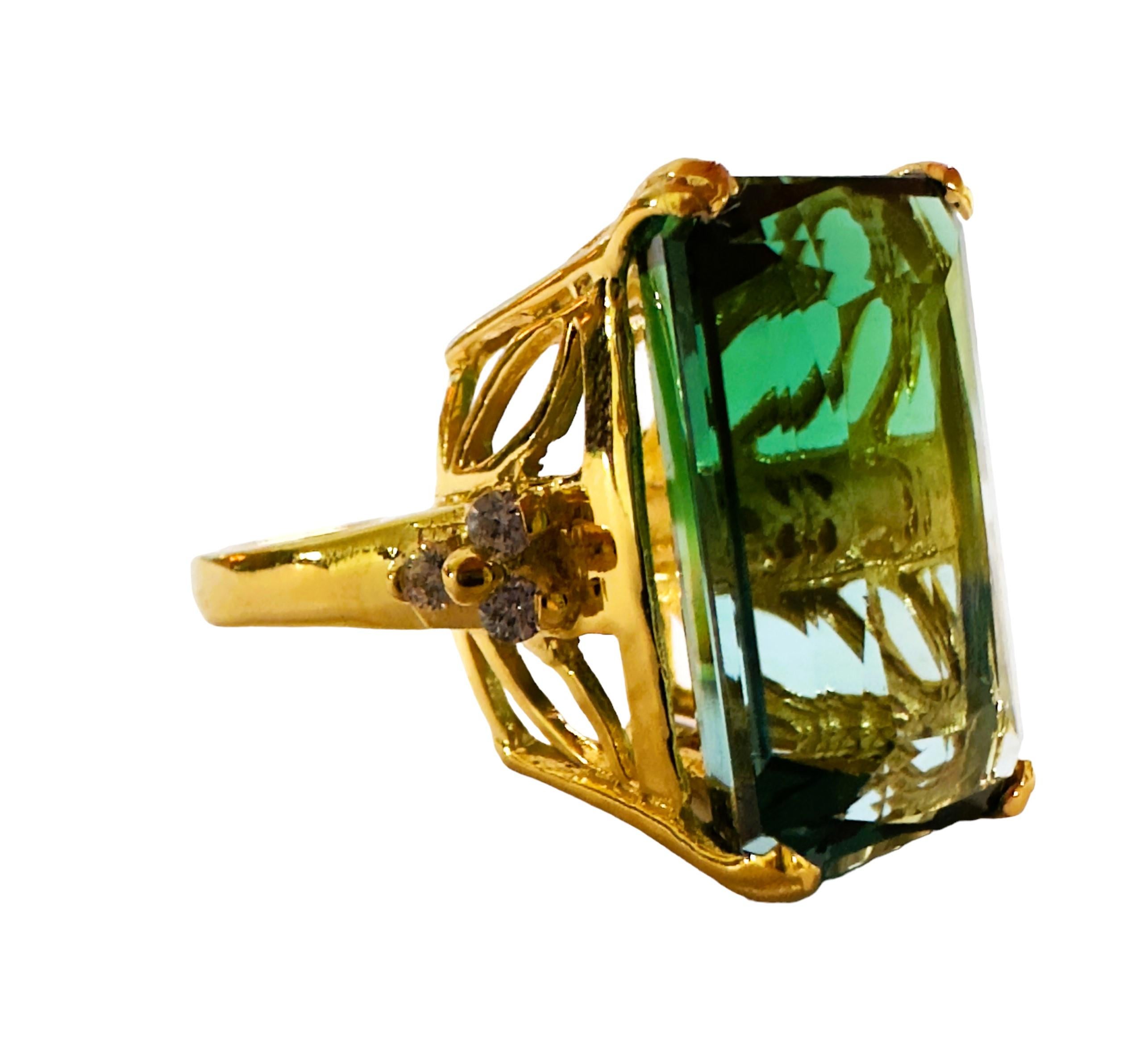 Women's New African IF 24.60 Carat Blue Green Ametrine Yellow Gold Plated Sterling Ring