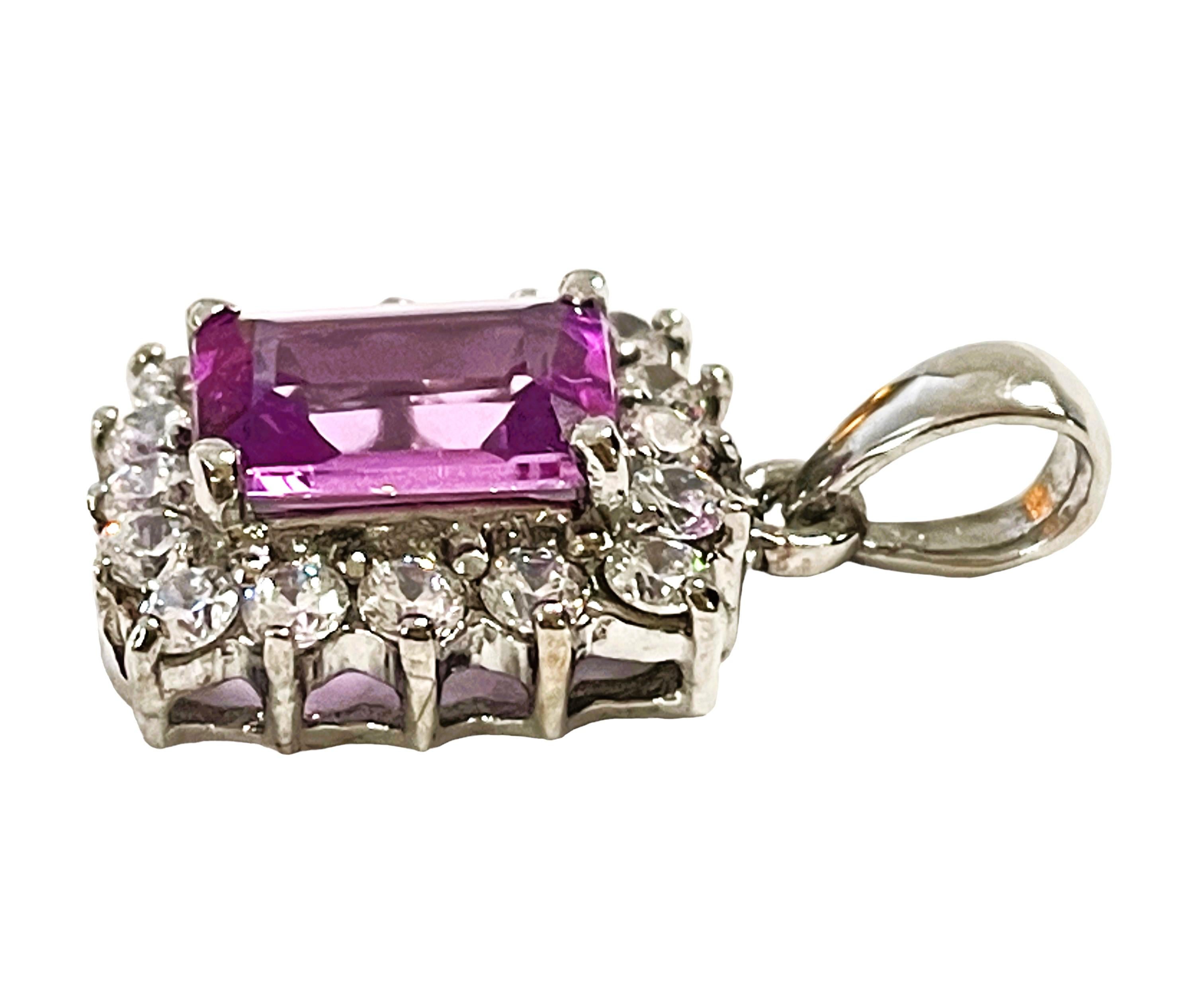 Emerald Cut New African If 2.5 Carat Purple Pink Sapphire & White Sapphire Sterling Pendant