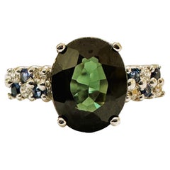 New African IF 2.810 Ct Forest Green Tourmaline & Sapphire Sterling Ring