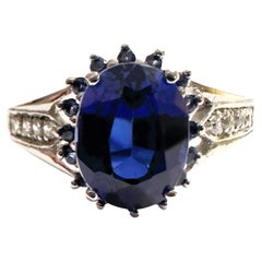New African IF 2.9 Ct Deep Blue Sapphire & White Sapphire Sterling Ring Size 7