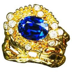 New African IF 2.90 Ct Kashmir Blue & White Sapphire YGold Plated Sterling Ring