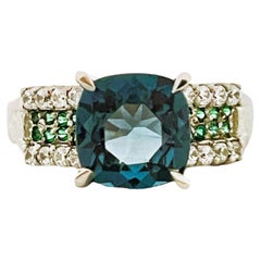New African IF 3.10 Carat Blue Green Sapphire and Tsavorite Sterling Ring