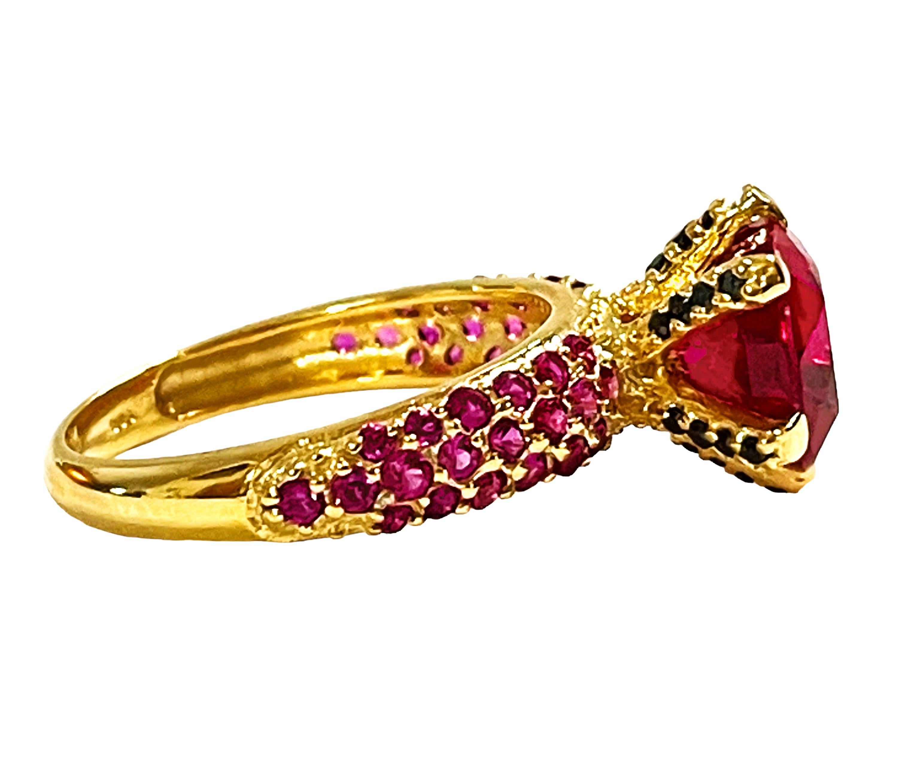 Cushion Cut New African IF 4.0ct Deep Pink Tourmaline & Ruby YGold Plated Sterling Ring